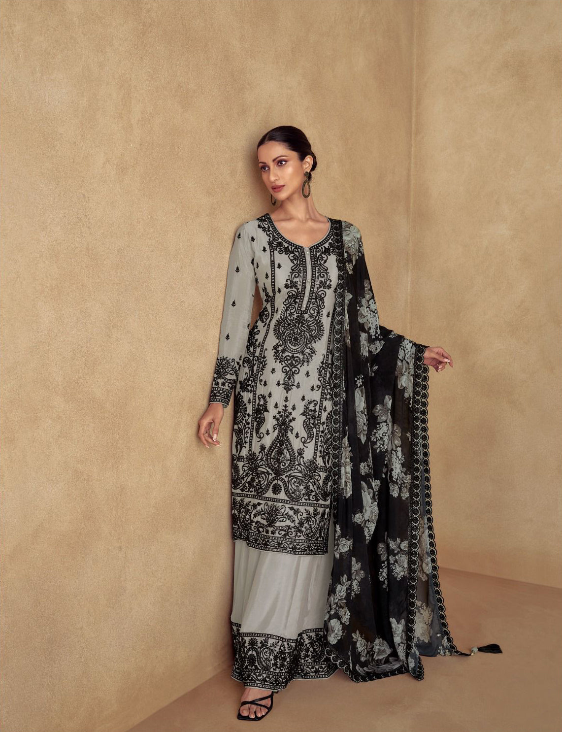 Unveil Grace: Readymade Sliver Cream Palazzo Suits with a Luxurious Touch