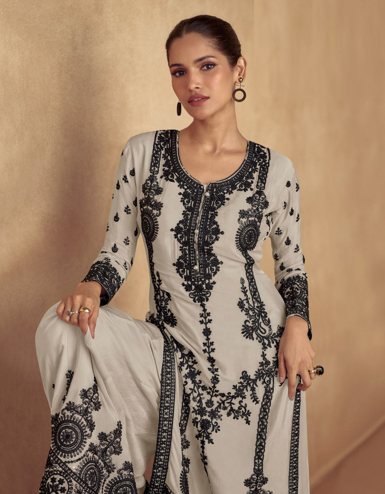 Unveil Grace: Readymade Grey Palazzo Suits with a Luxurious Touch