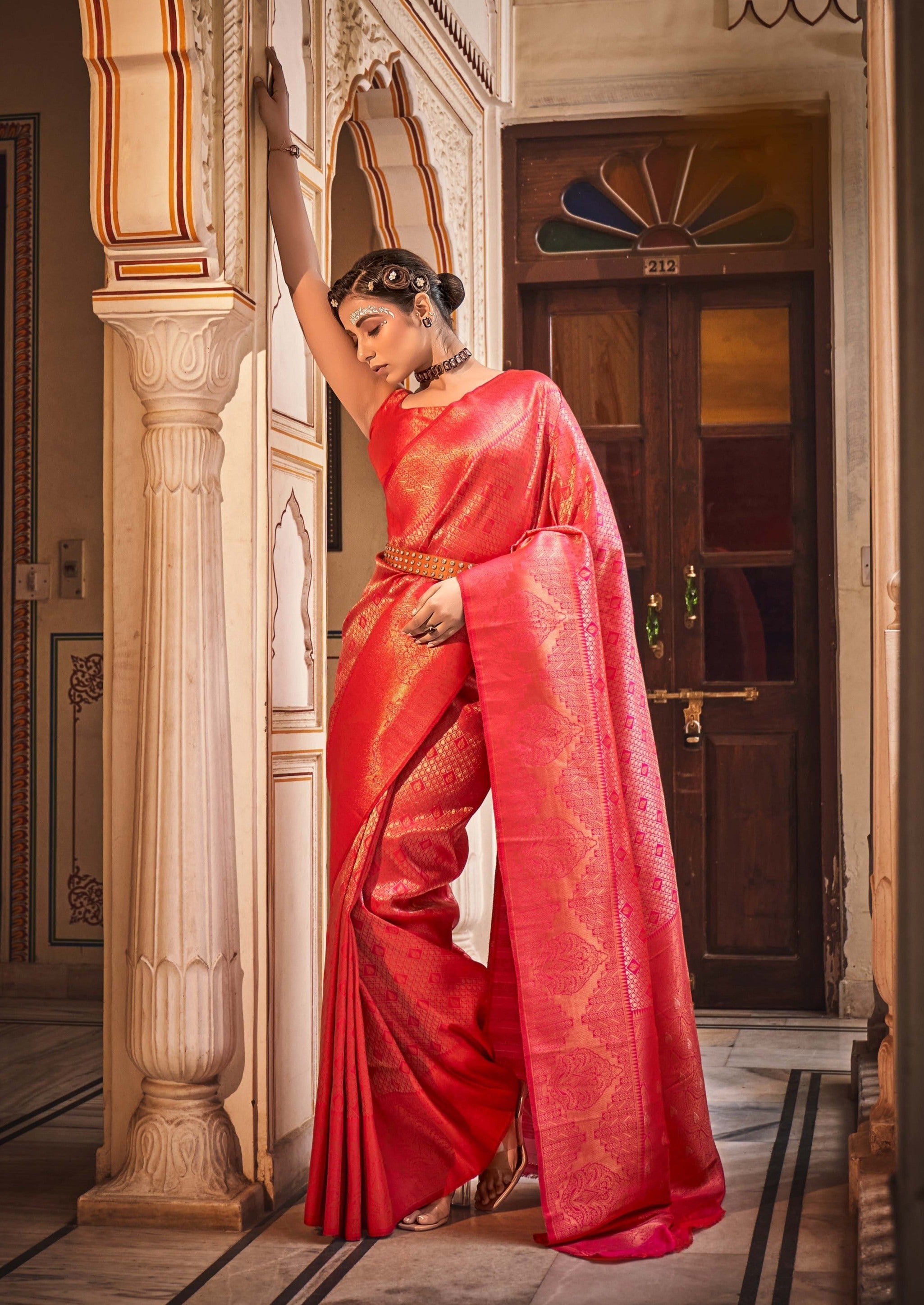 Elegant Light Red Zari Woven Kanjivaram Silk Saree