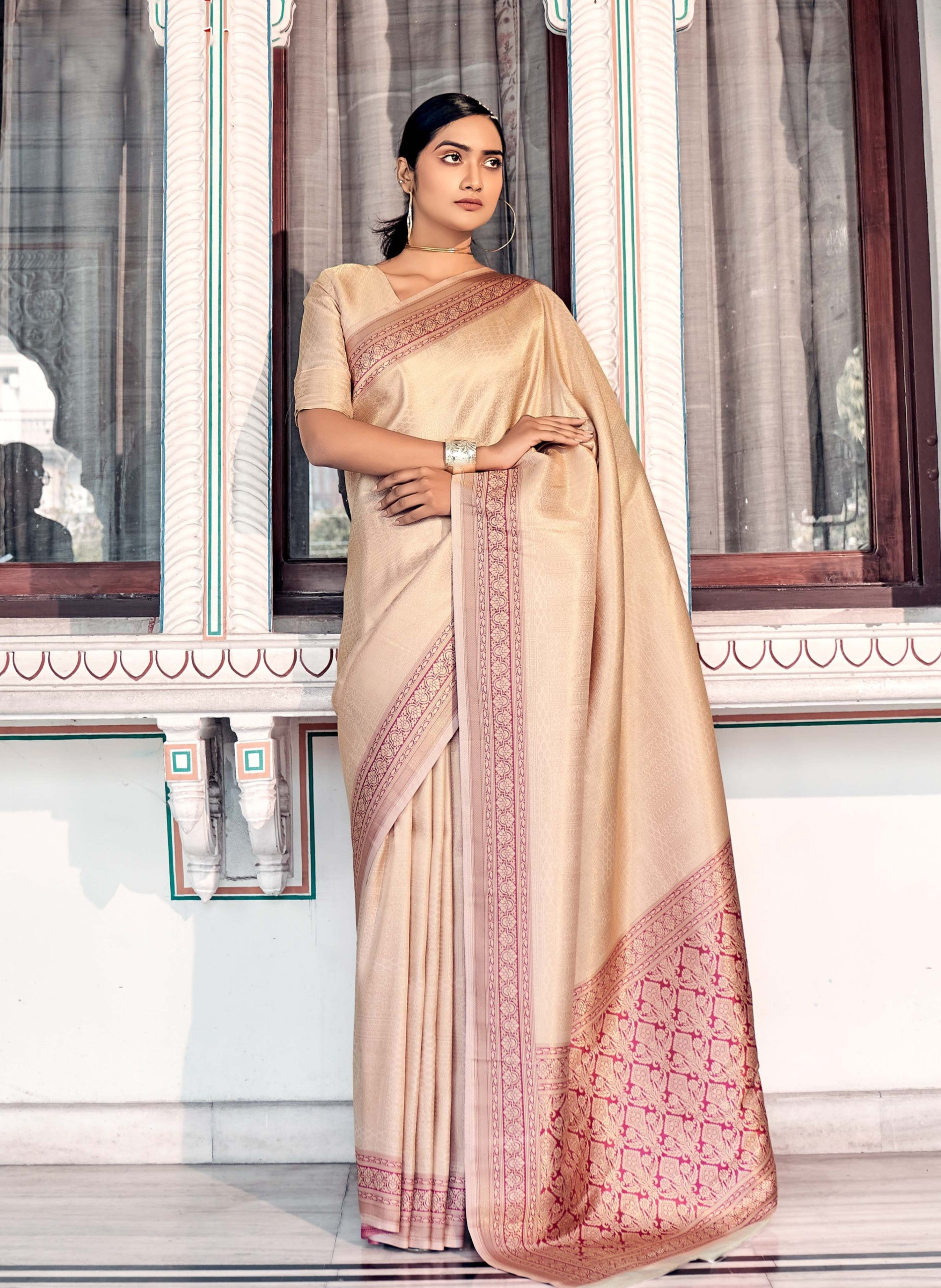 Opulent Sand Cream Kanjivaram Silk Saree