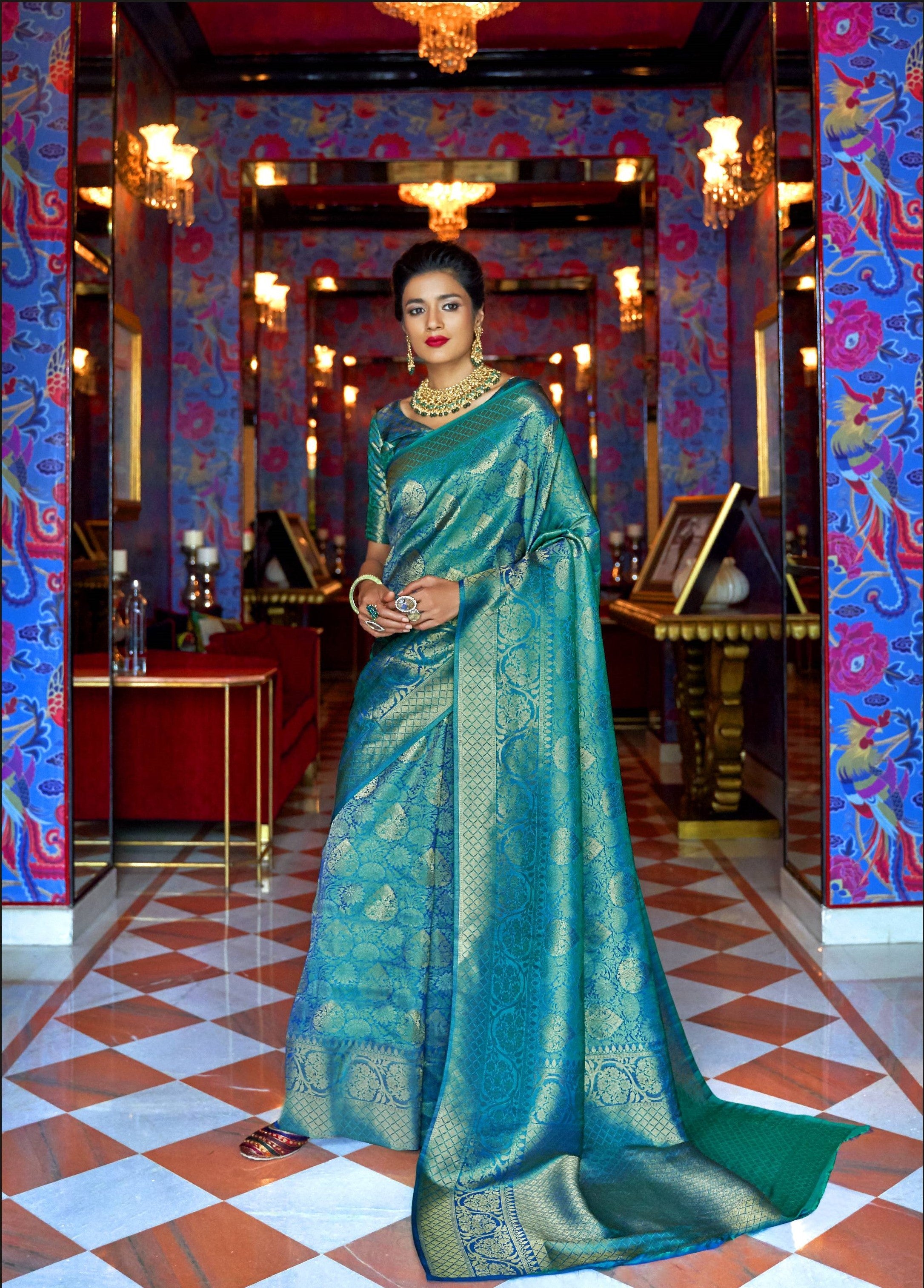 Teal Blue Zari Woven Kanjivaram Saree