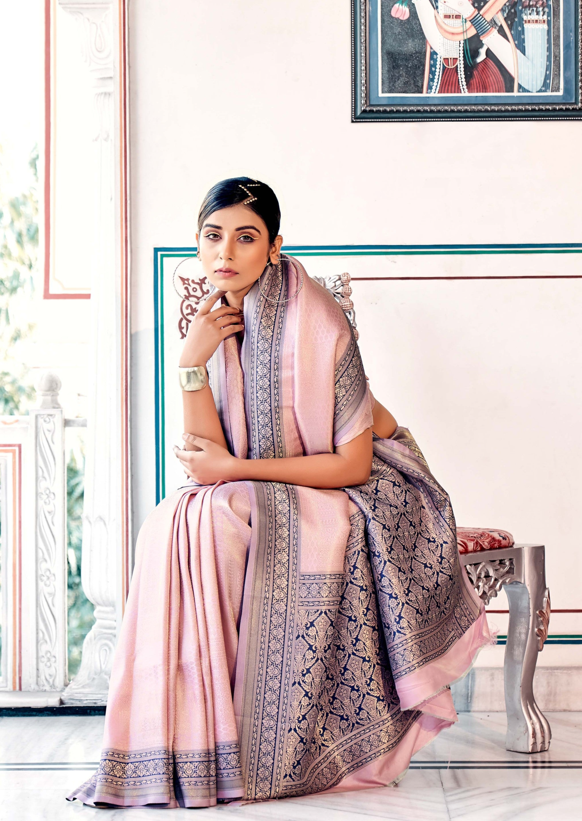 Coral Blush Pink Woven Kanjivaram Silk Saree