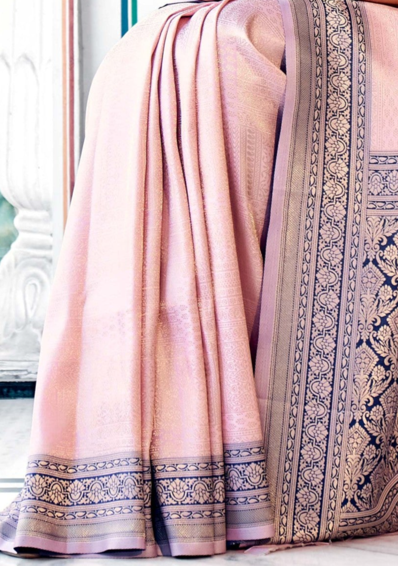 Coral Blush Pink Woven Kanjivaram Silk Saree