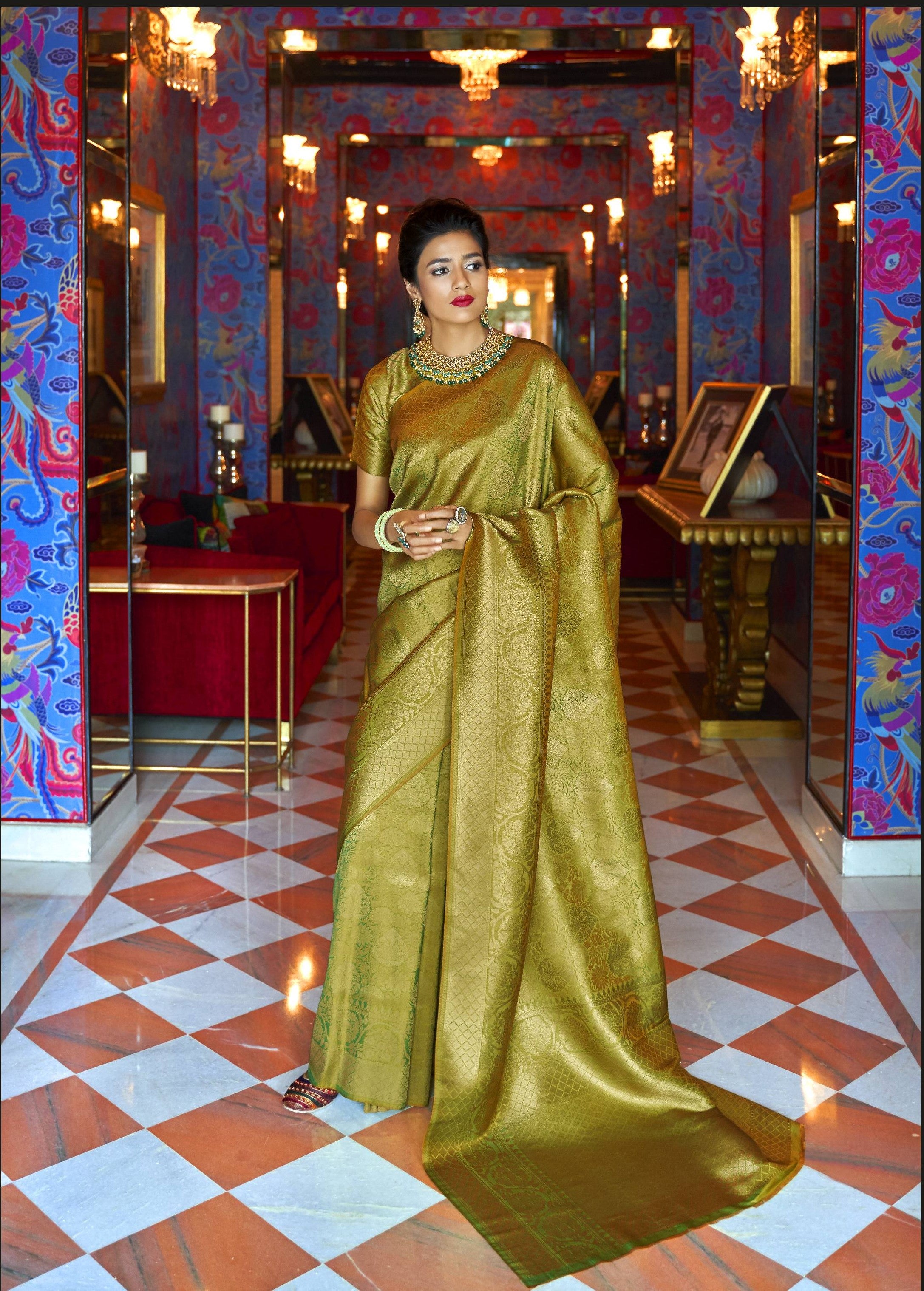 Golden Olive Zari woven Kanjivaram saree