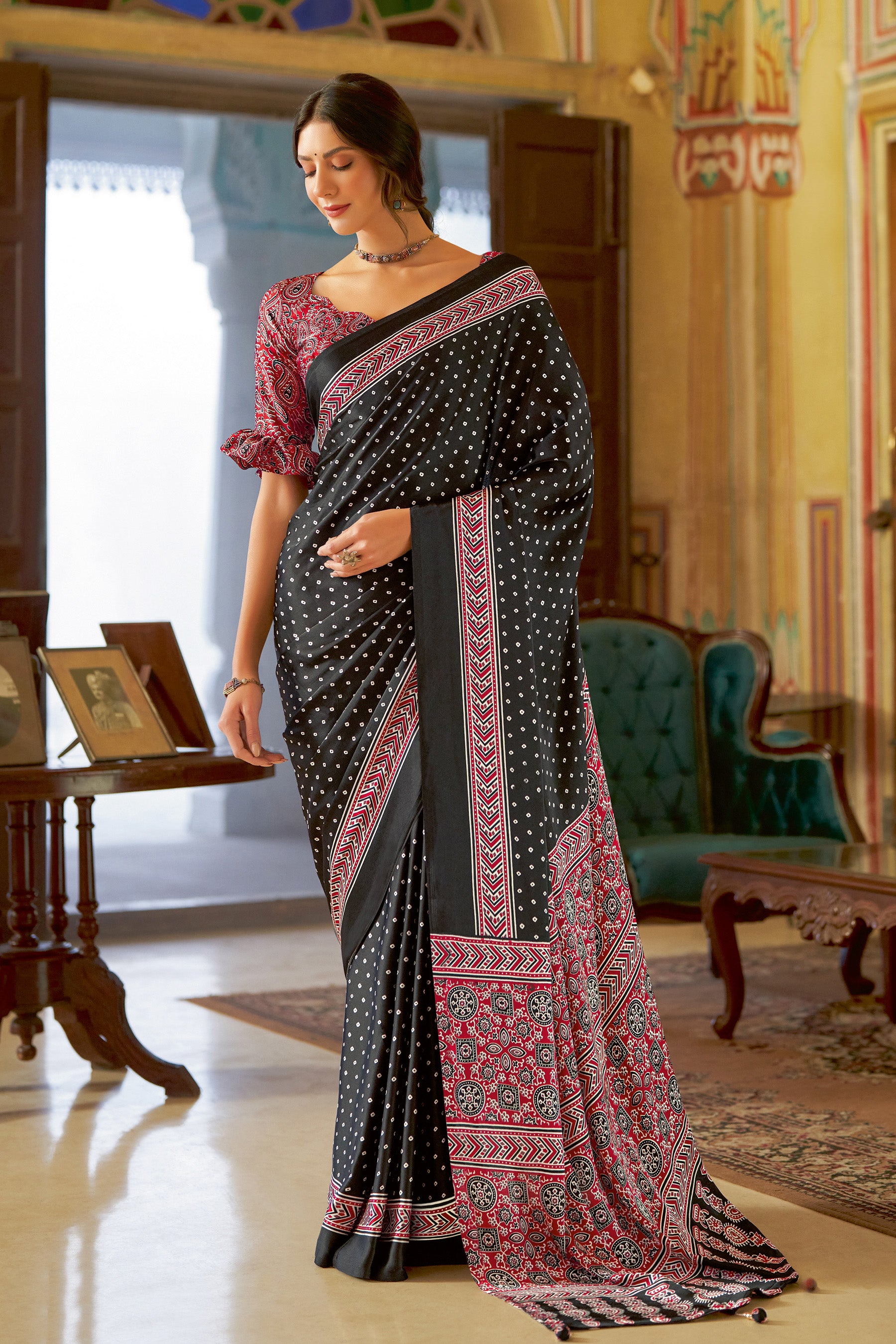 Elegant Black and Light Pink Ajrakh Saree