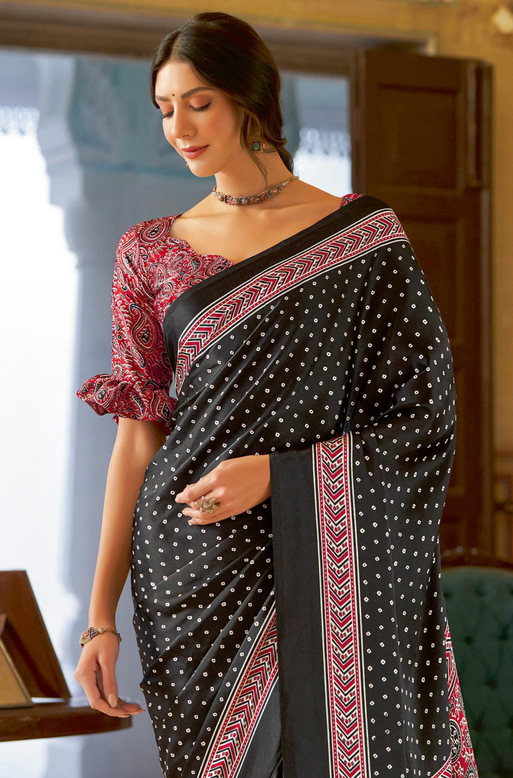 Elegant Black and Light Pink Ajrakh Saree