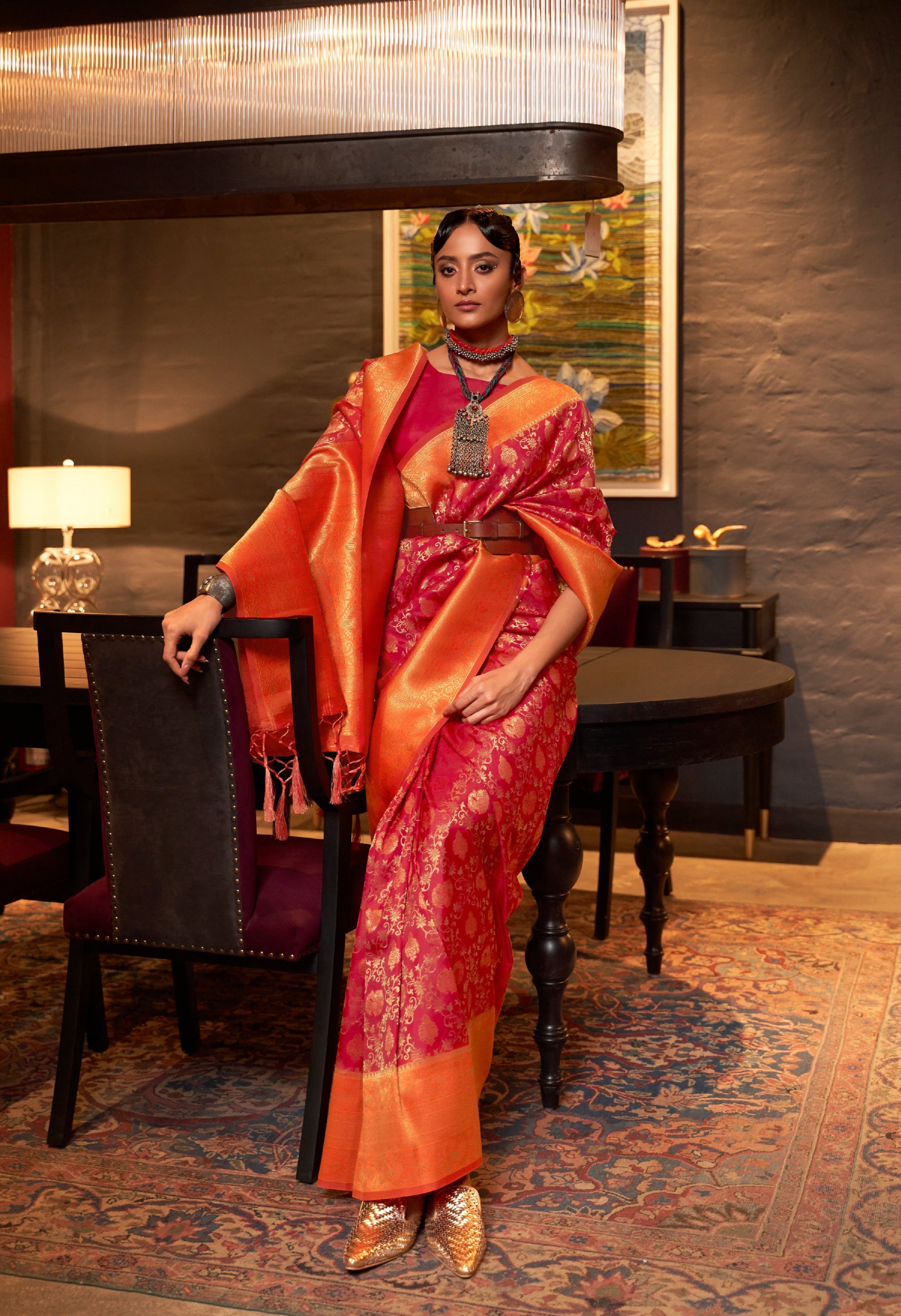 Dazzling Orange and Red Woven Banarasi Soft Silk Saree