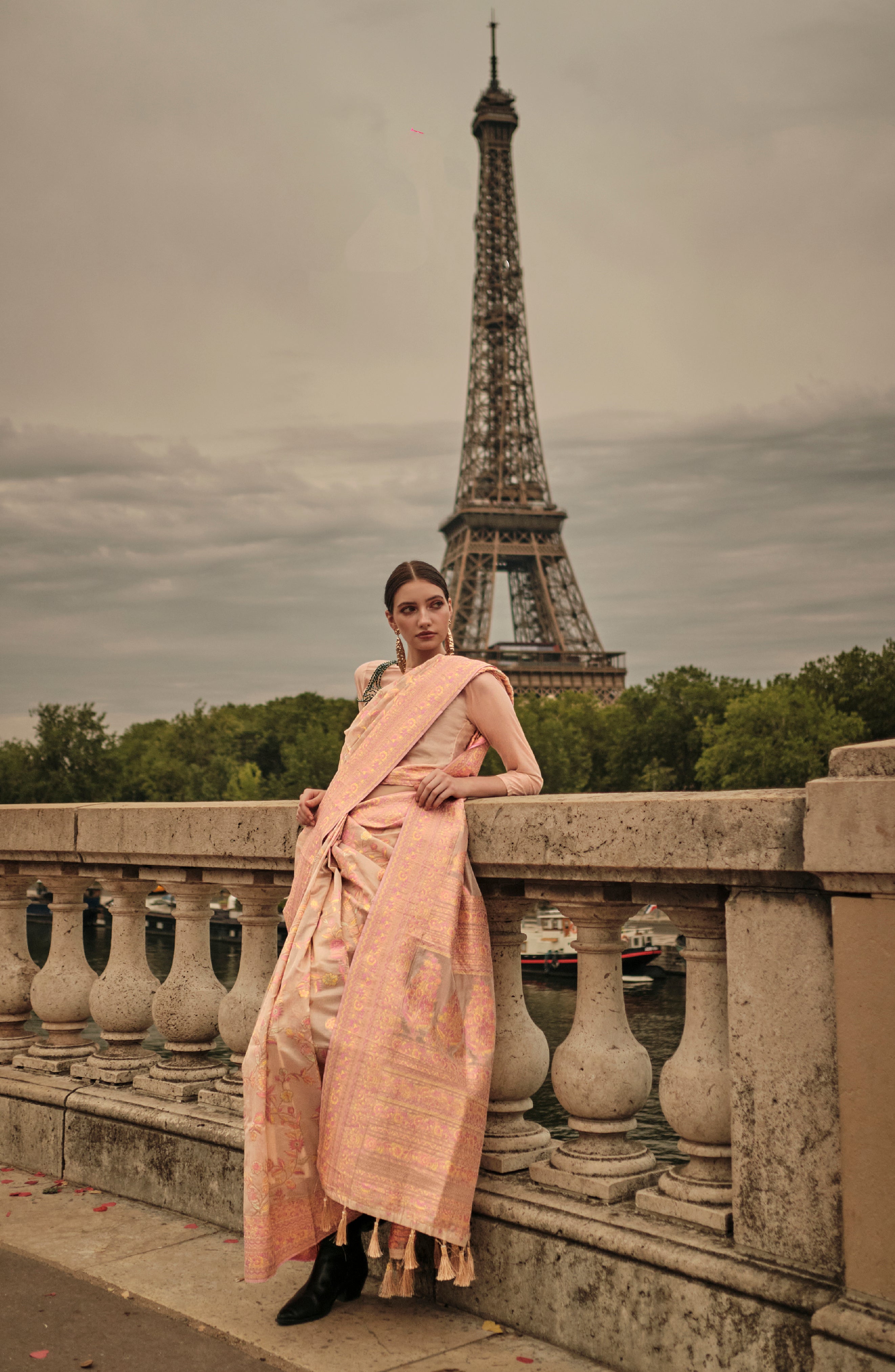 Radiant Light Orange Kashmiri Organza Handloom Saree