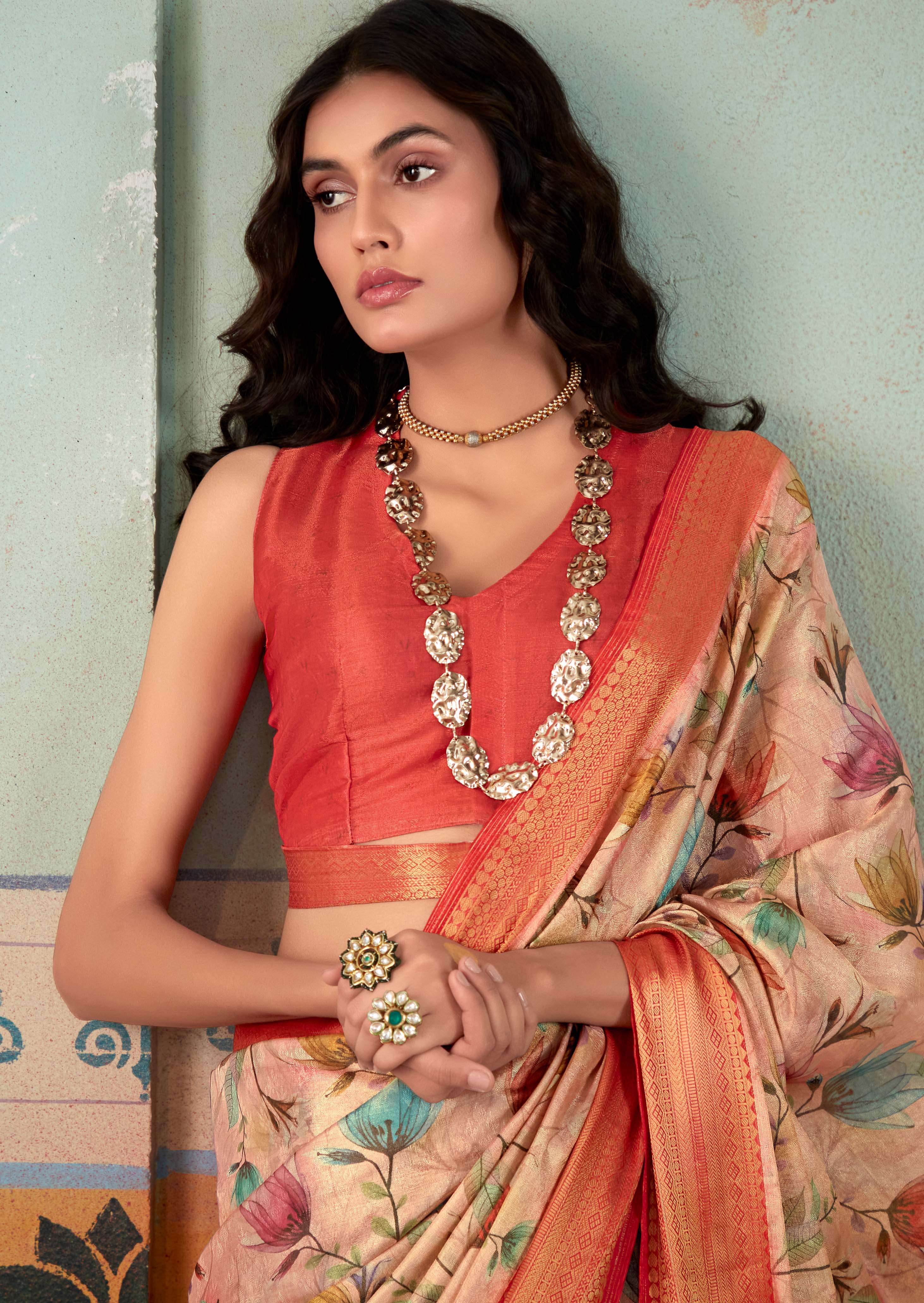 Elegant Peach Banarasi Tissue Silk Saree