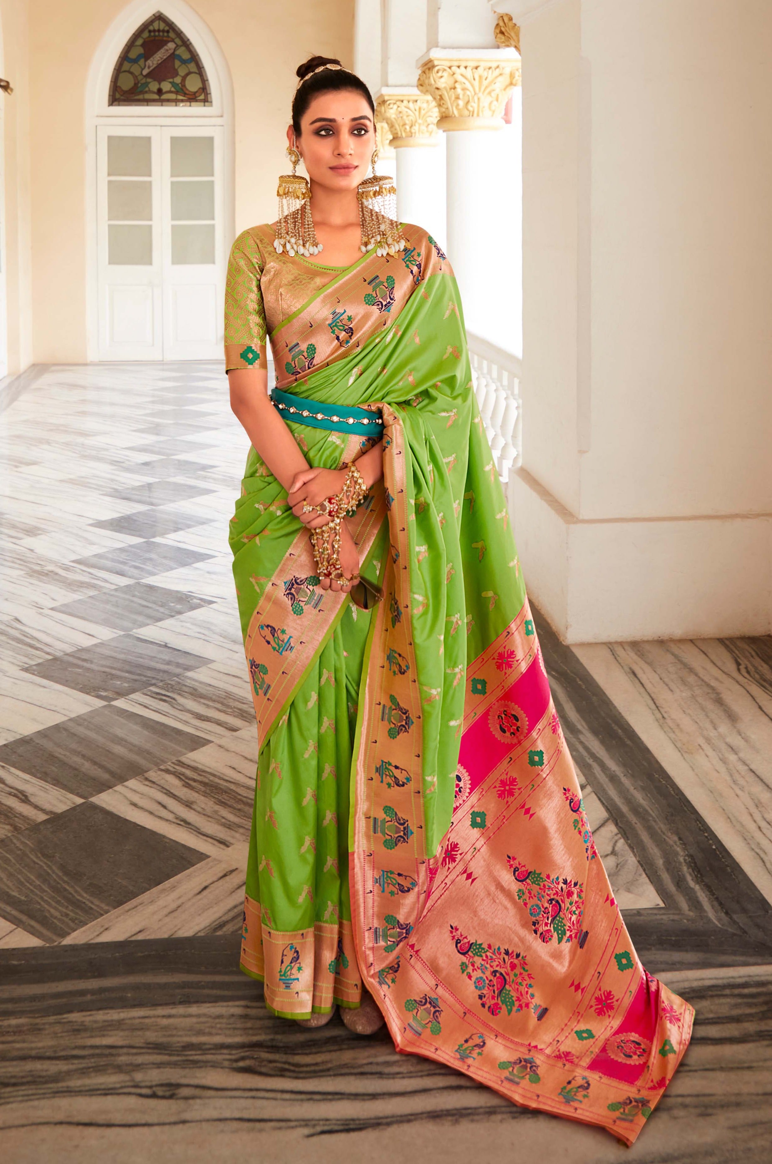 Pistachio Green and Pink Zari Woven Paithani Silk Saree