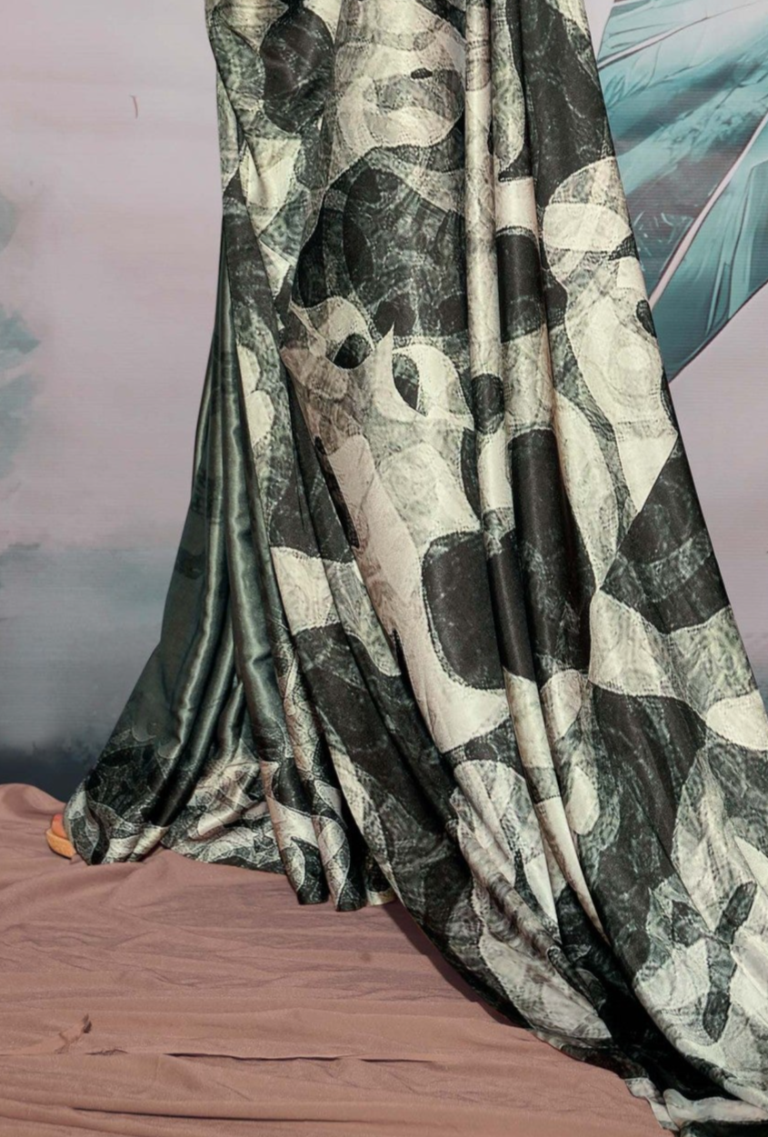 Granite Grey Printed Satin Silk Saree