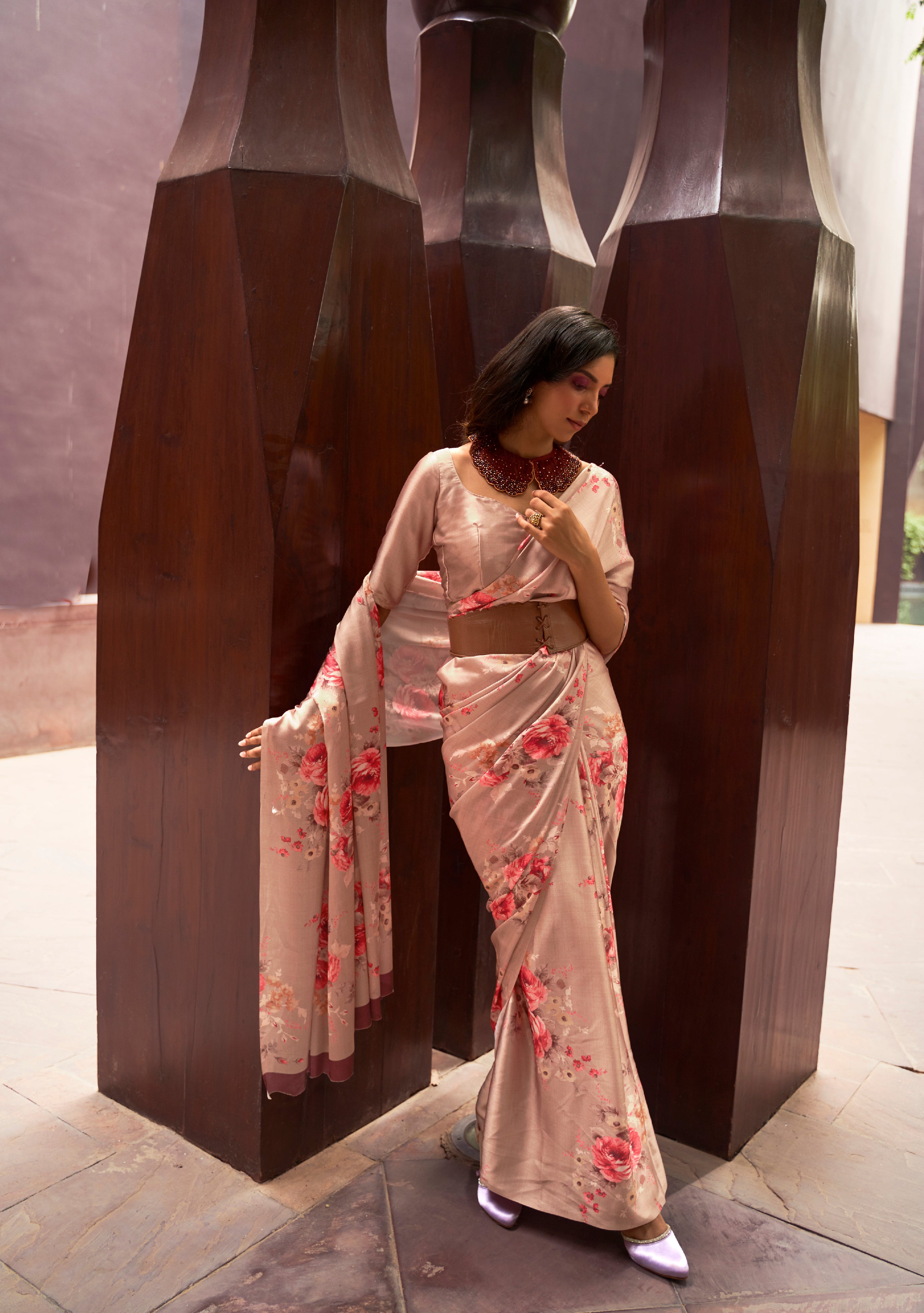 Peach Blossom Floral Printed Satin Silk Saree