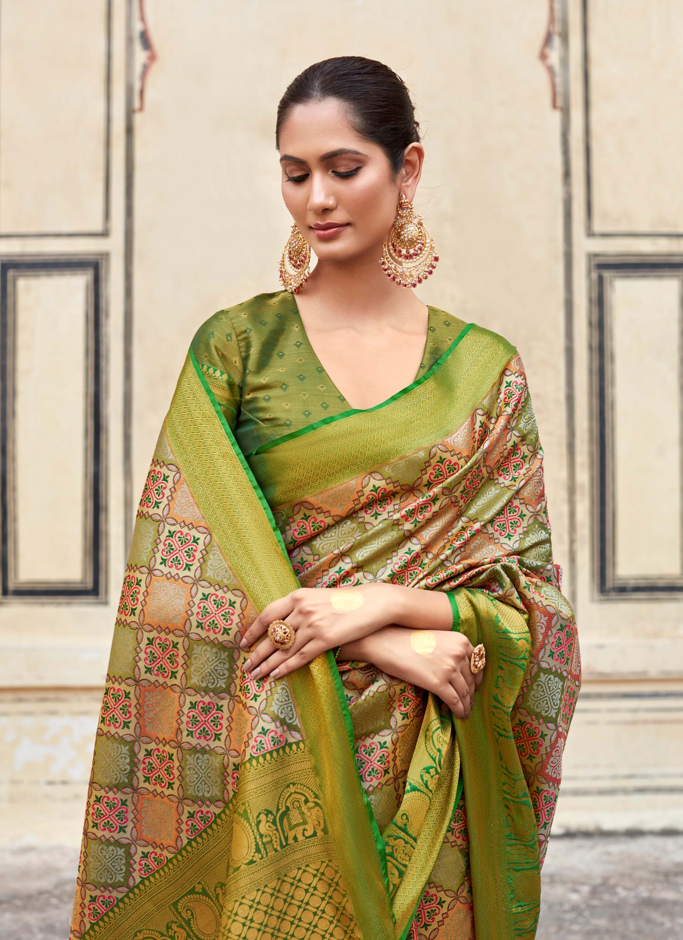 Basil Bloom Green Woven Banarasi Silk Saree