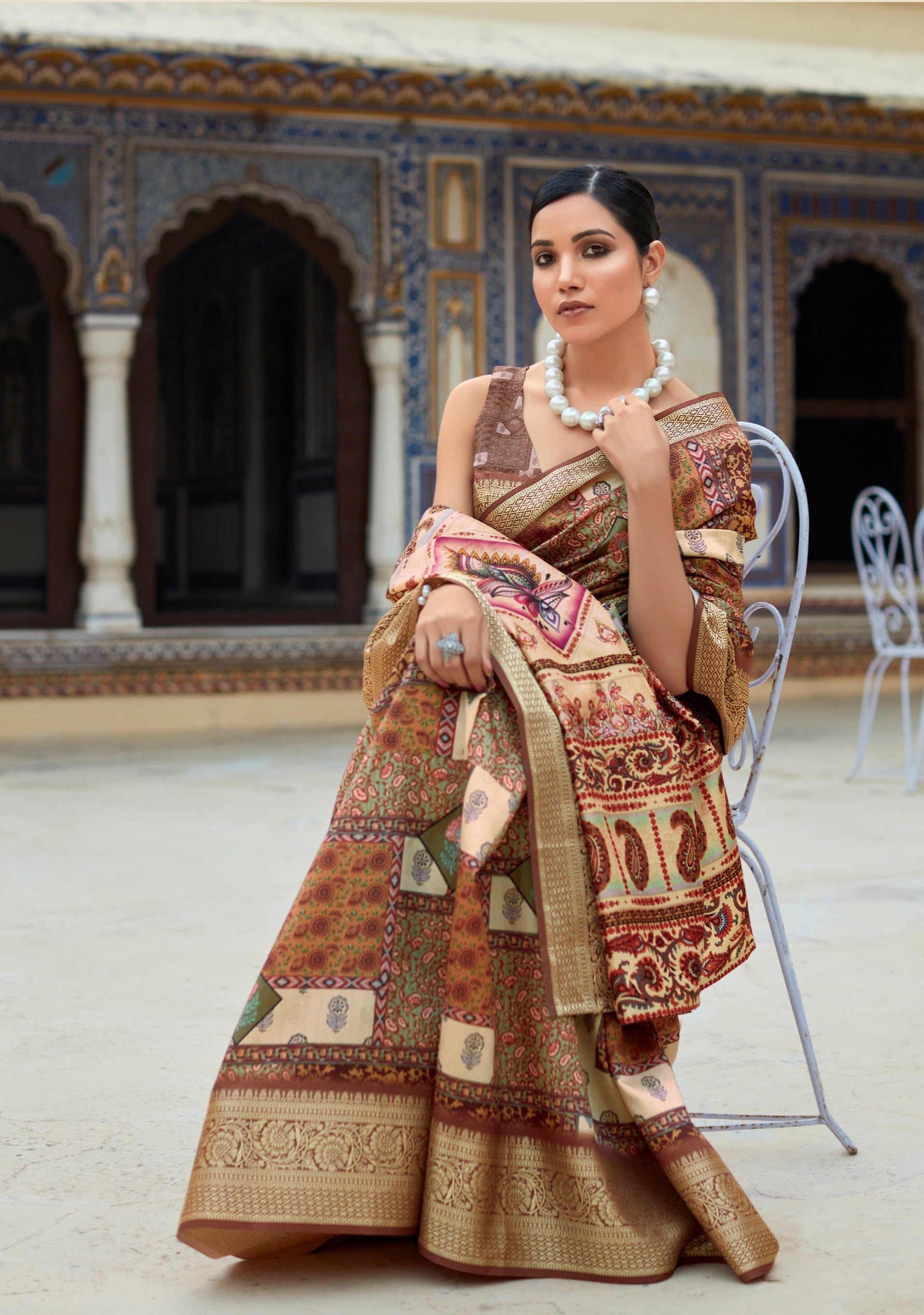 Cocoa Brown Banarasi Printed Silk Saree