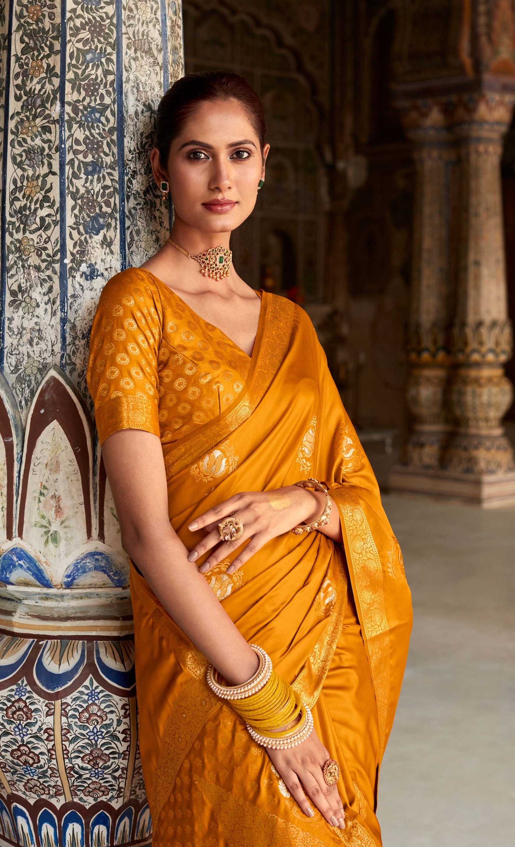 Mustard Yellow Woven Banarasi Satin Silk Saree