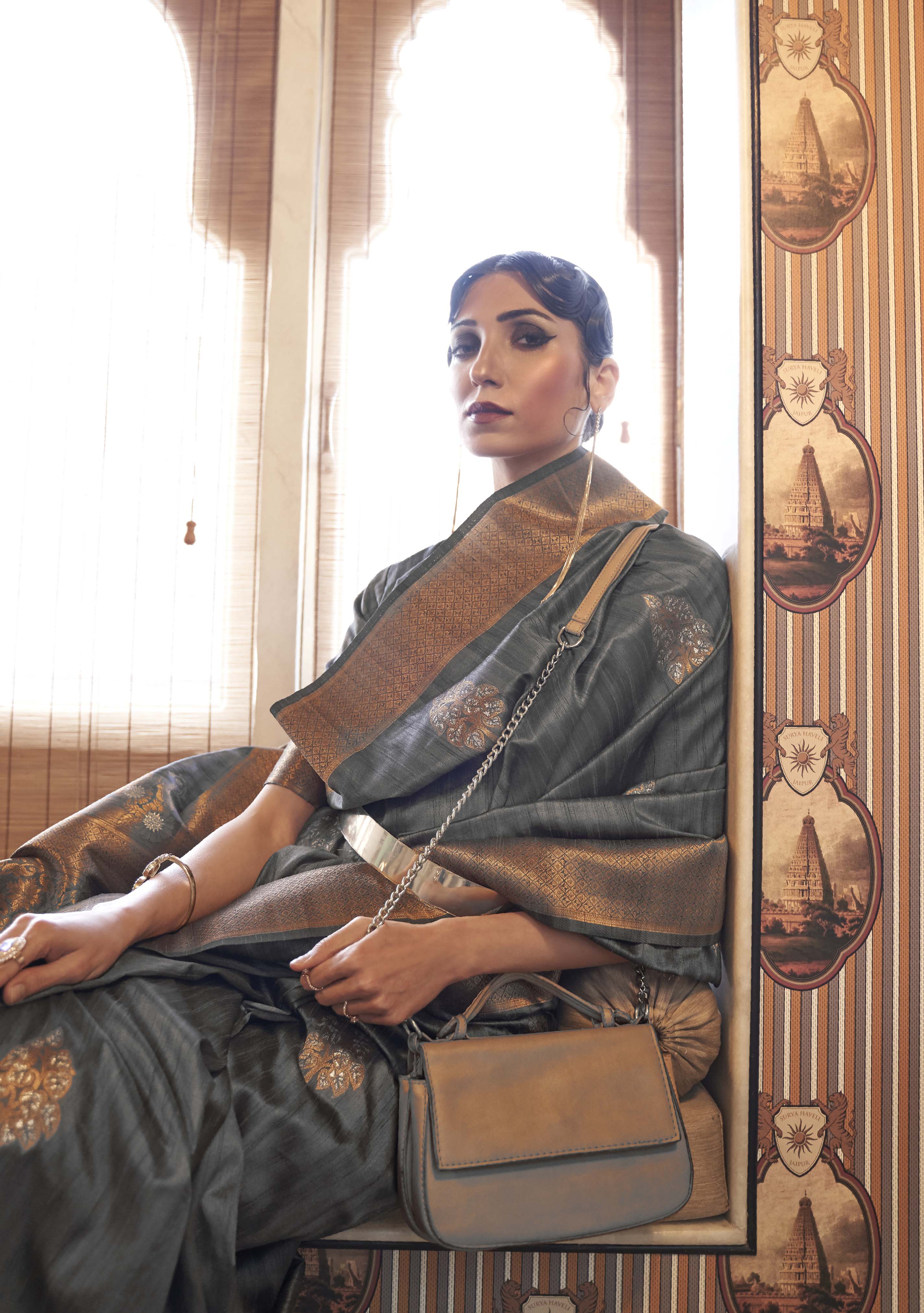 Charcoal Grey Zari Woven Tussar Silk Saree