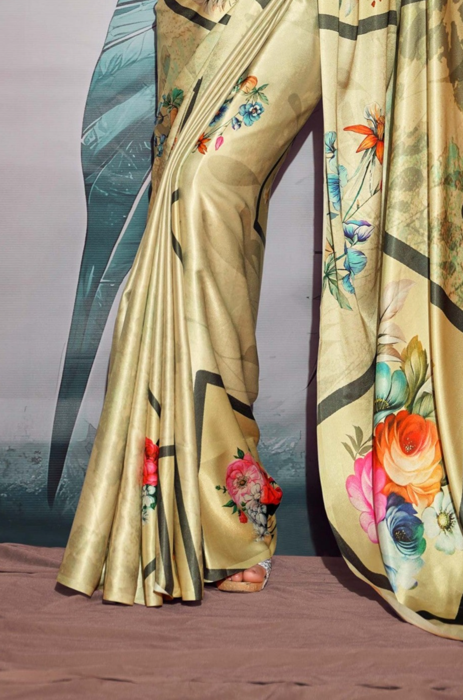 Tranquil Forest Bonsai Green Printed Satin Silk Saree