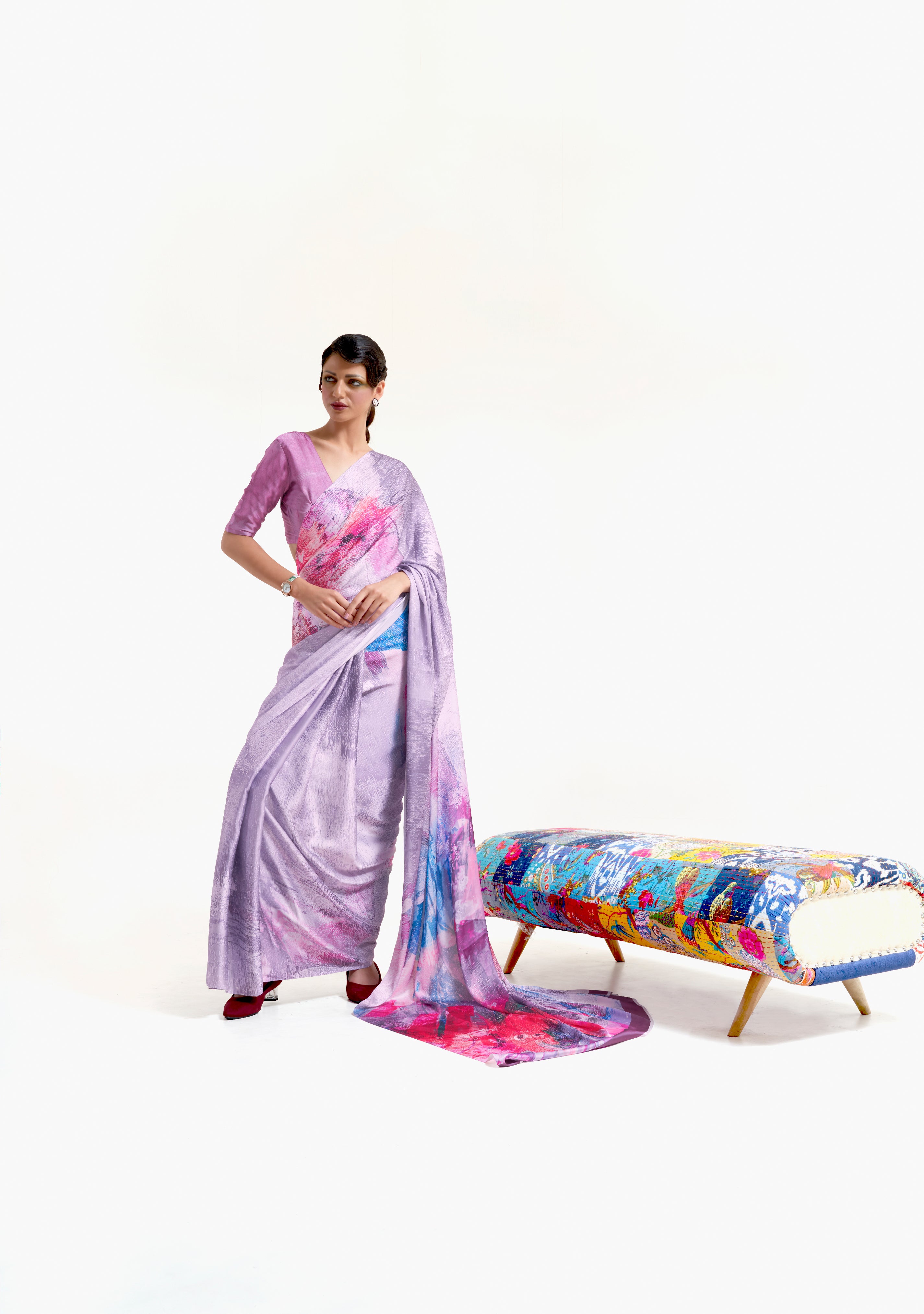 Regal Purple Multicoloured Printed Satin Silk Saree