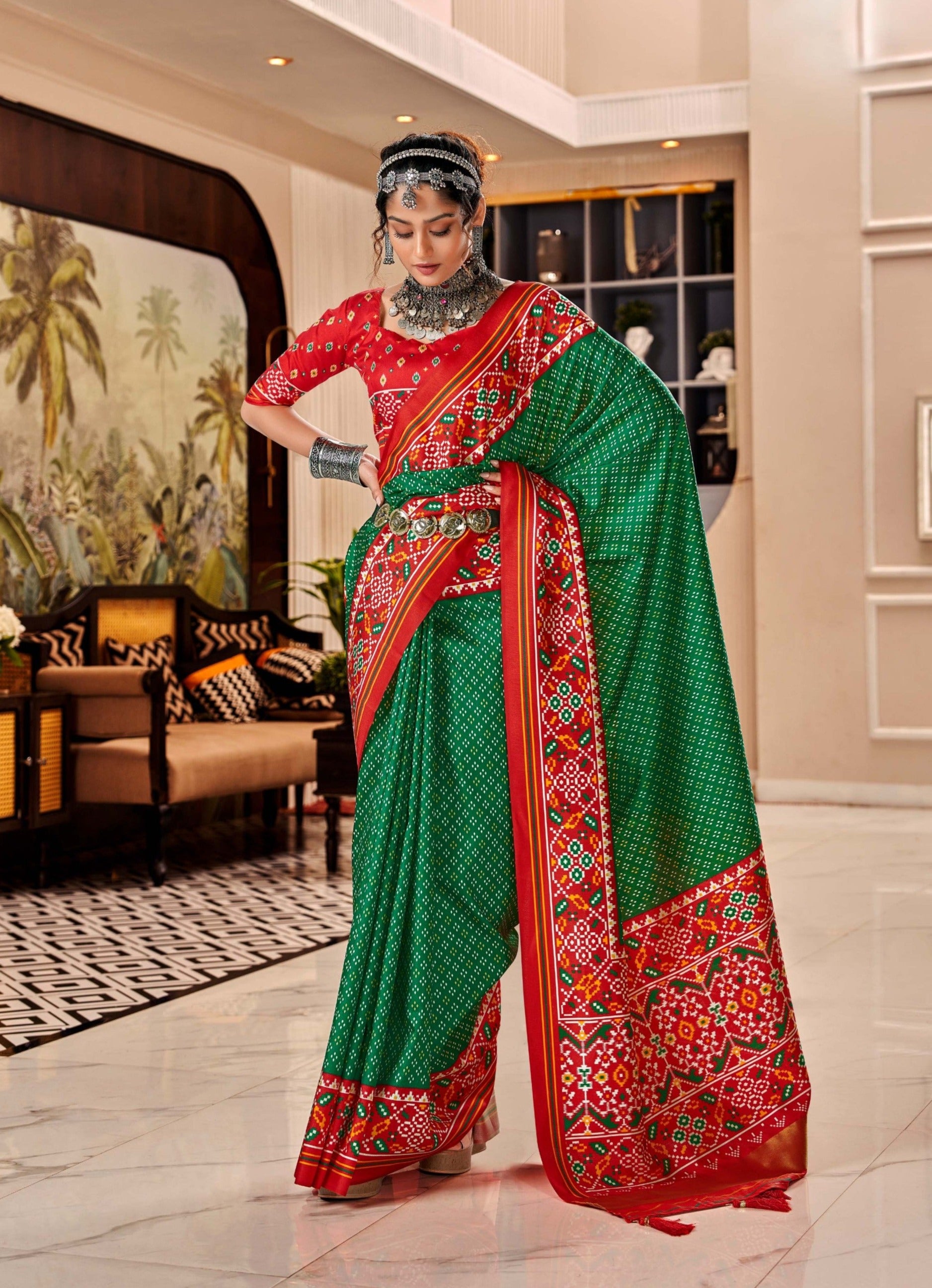 Dual Tone Clover Green and Red Printed Patola Silk Saree