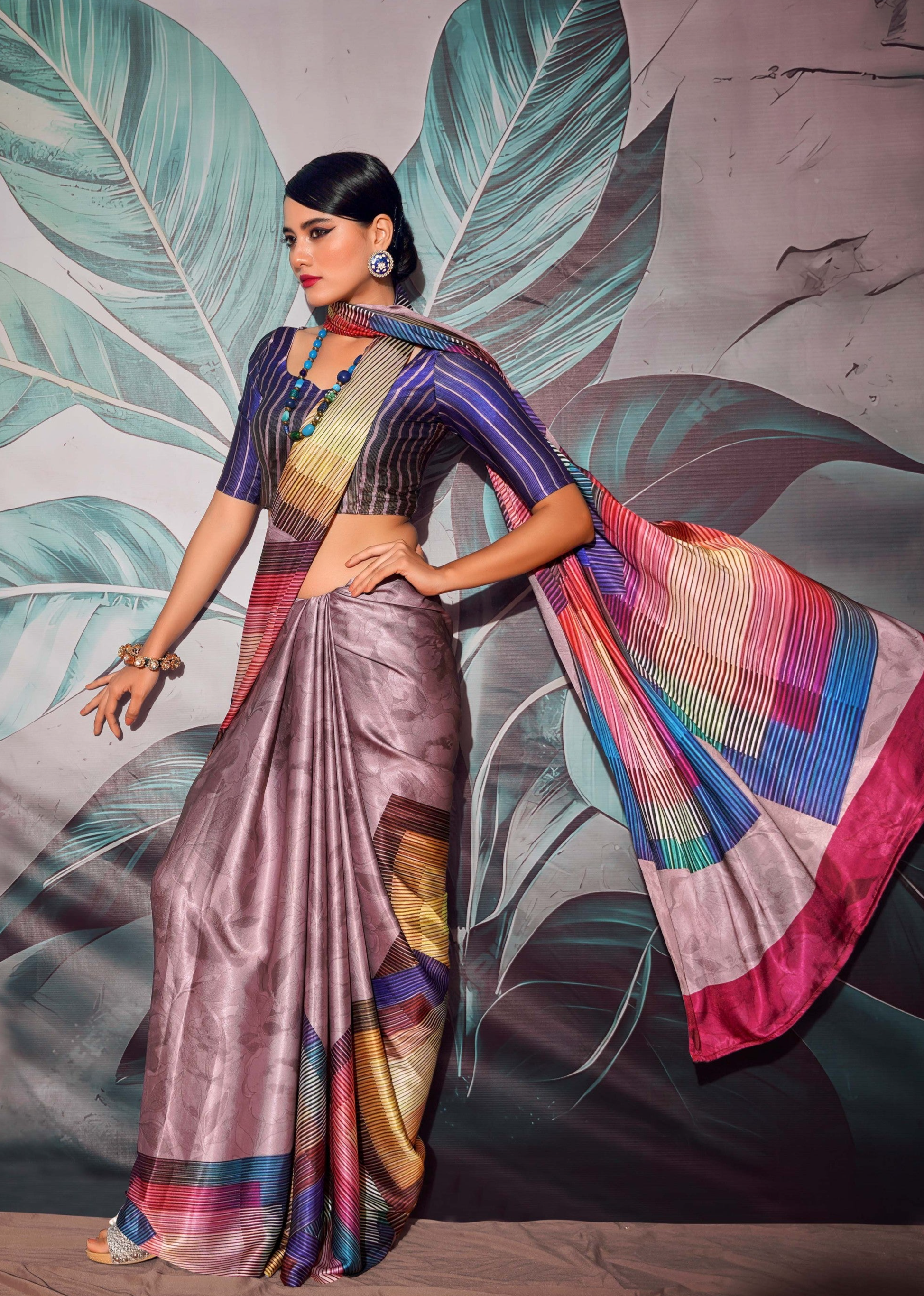 Vibrant Blossoms Multicolor Printed Satin Silk Saree