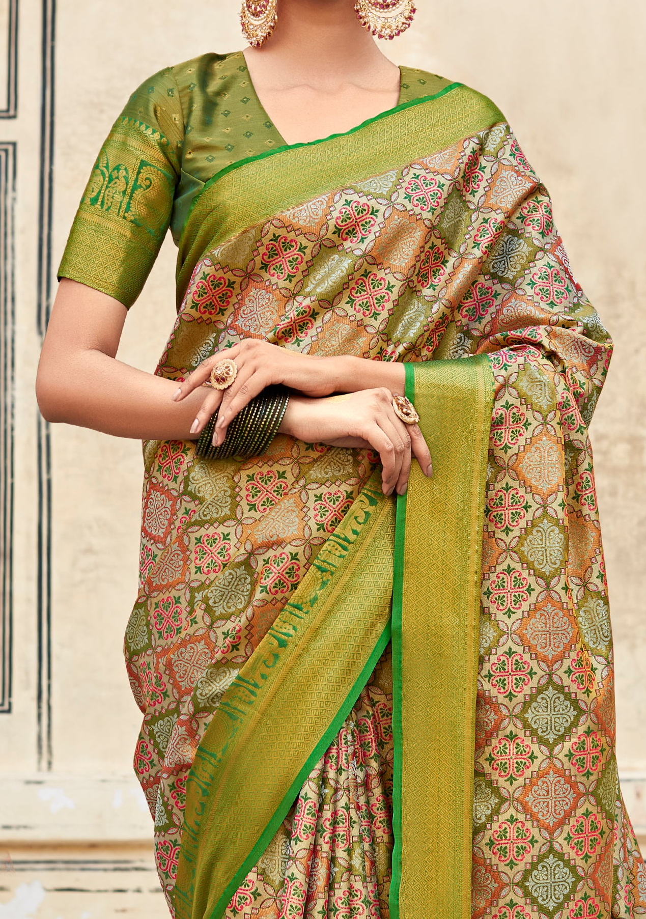 Basil Bloom Green Woven Banarasi Silk Saree