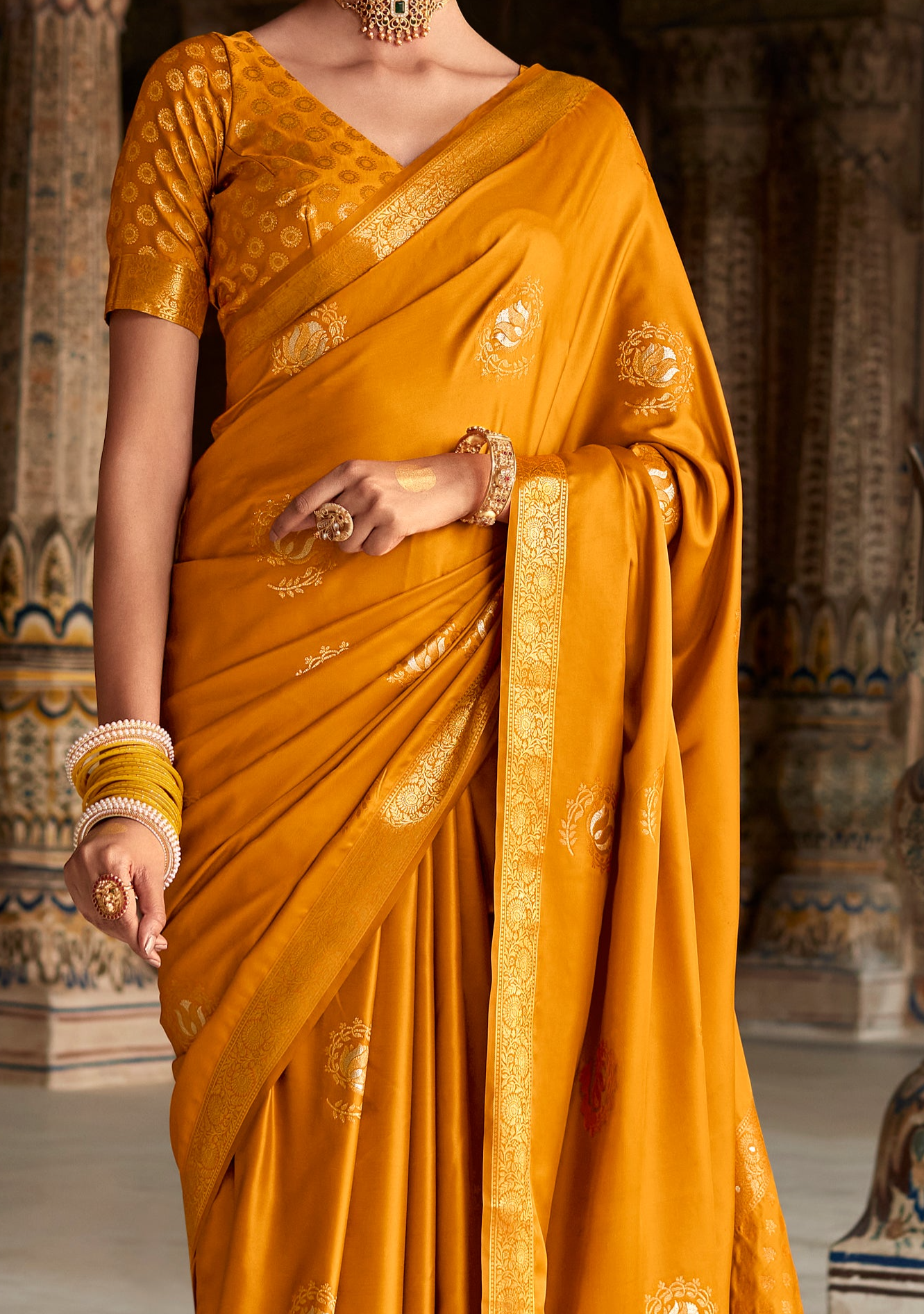 Mustard Yellow Woven Banarasi Satin Silk Saree