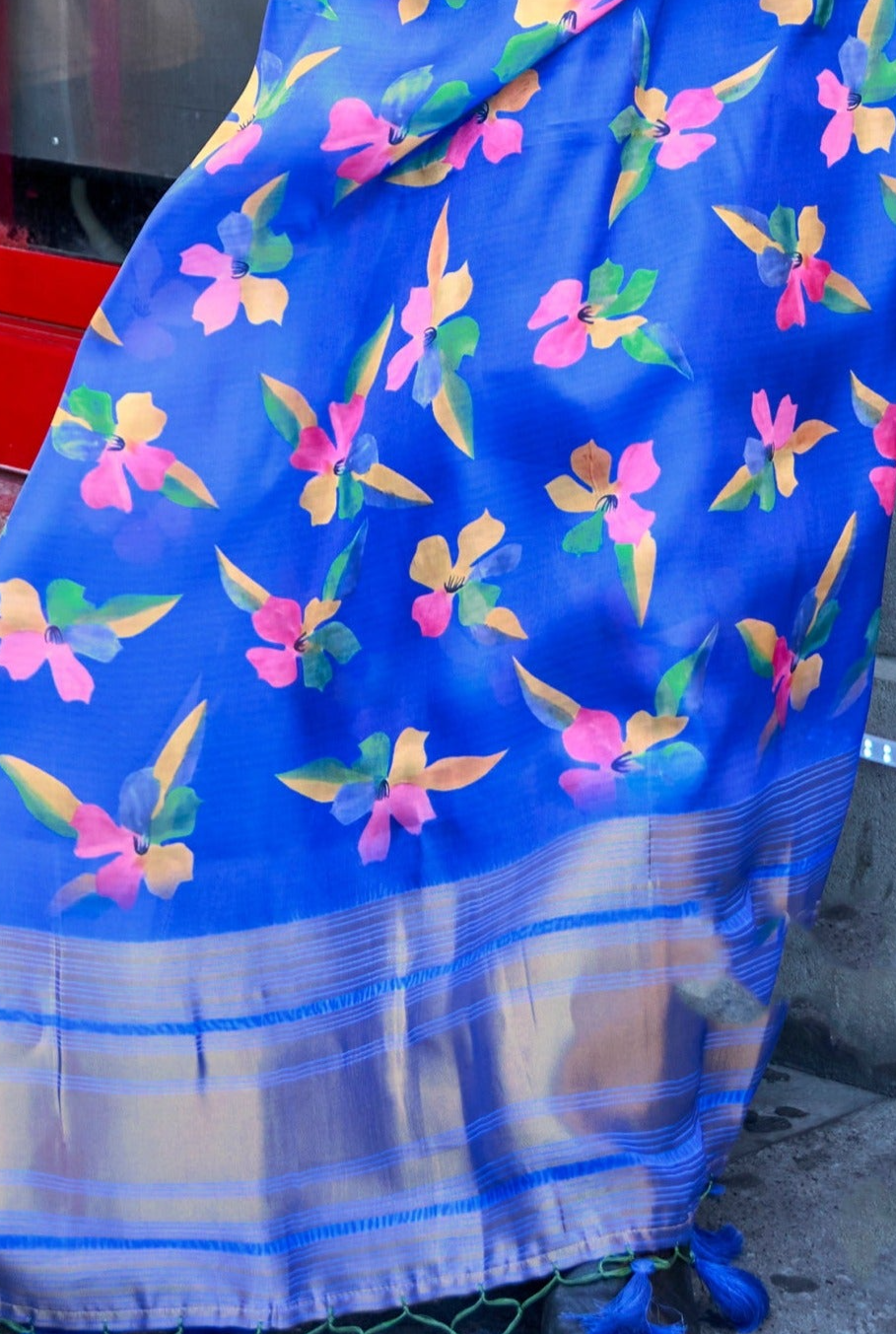 Serene Aqua Blue Organza Printed Satin Silk Saree