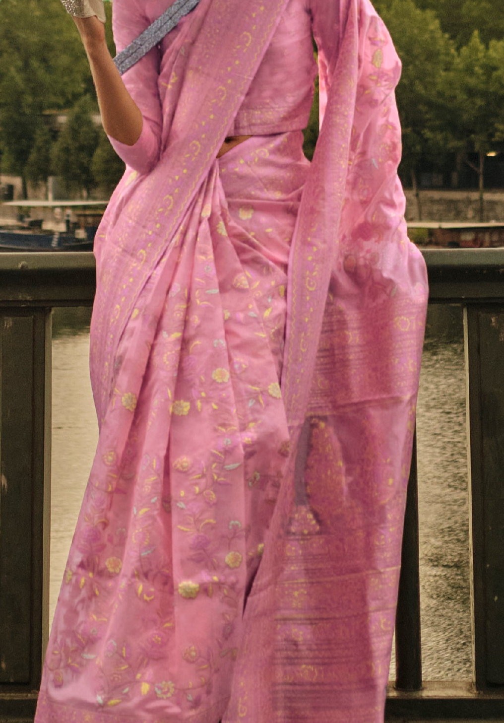 Charming Pink Kashmiri Organza Handloom Saree