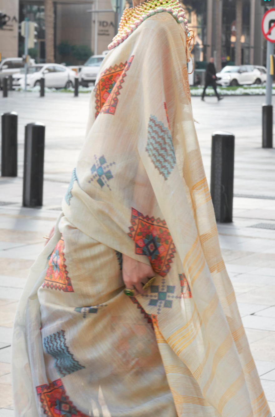 Off-White Printed Handloom Zari Tissue Saree