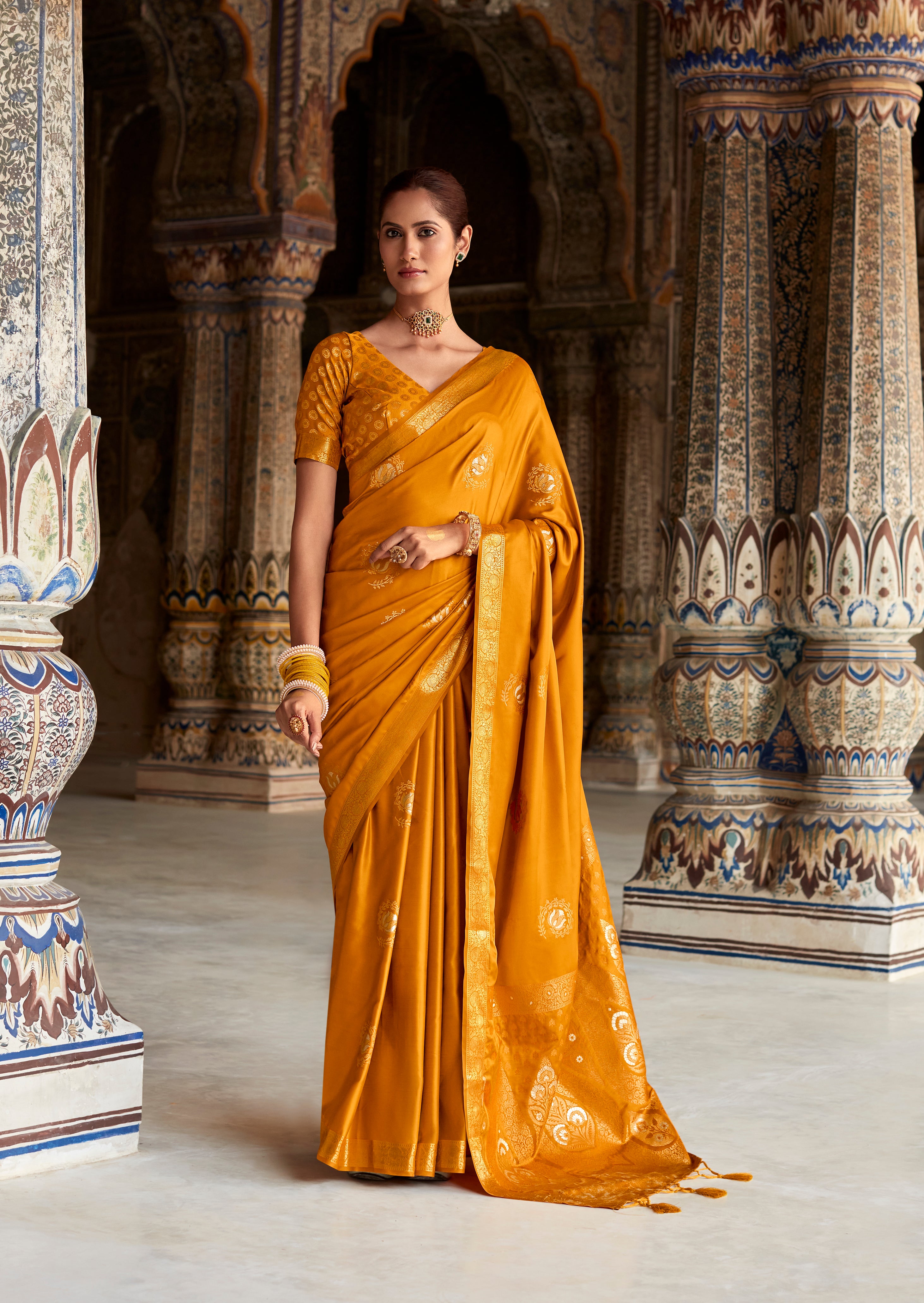 Mustard Yellow Woven Banarasi Satin Silk Saree