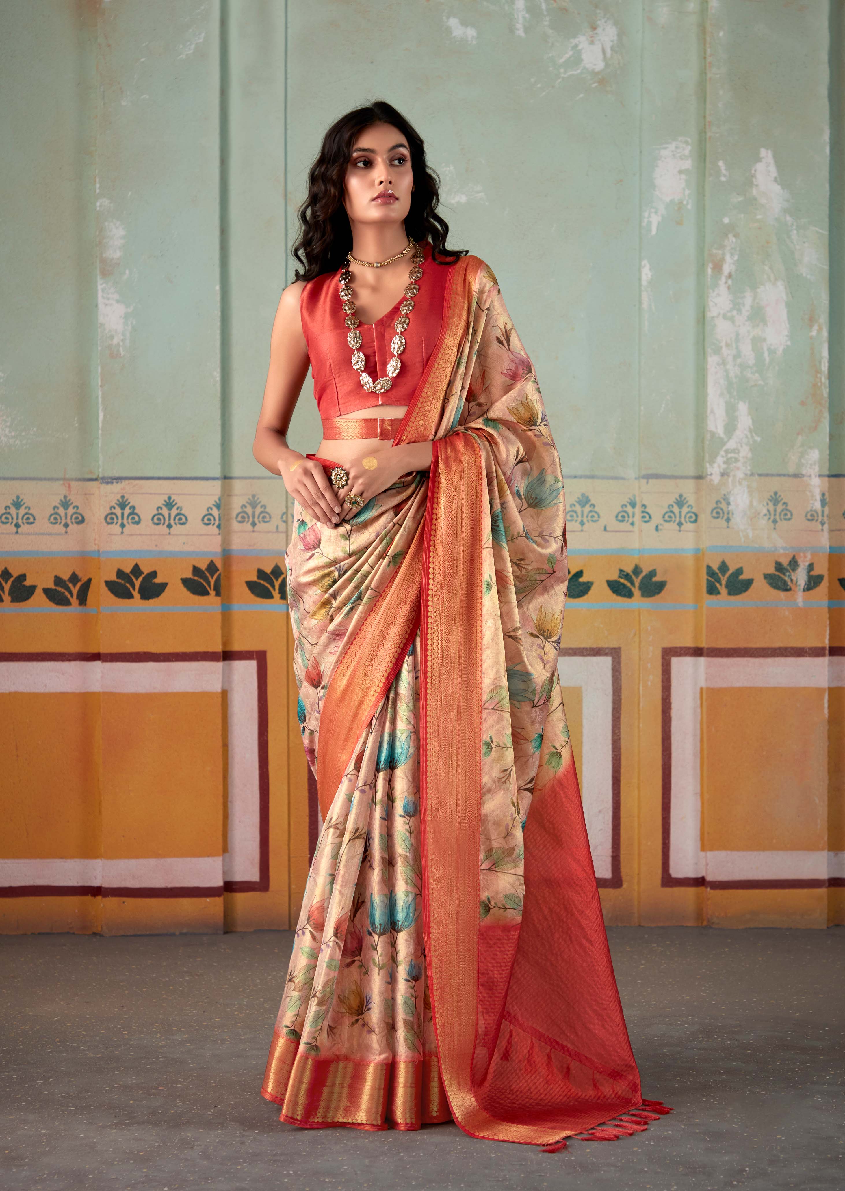 Elegant Peach Banarasi Tissue Silk Saree