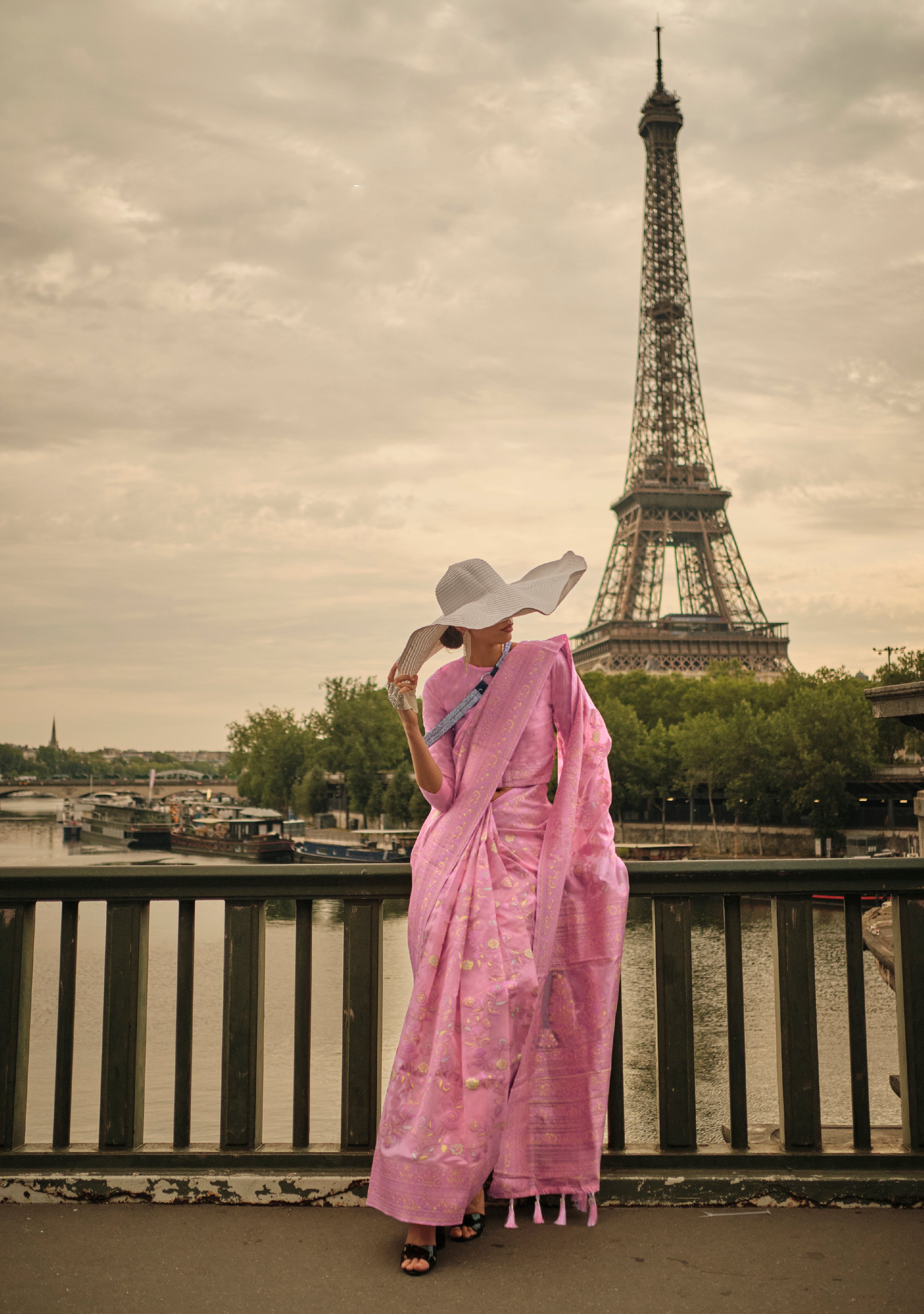 Charming Pink Kashmiri Organza Handloom Saree