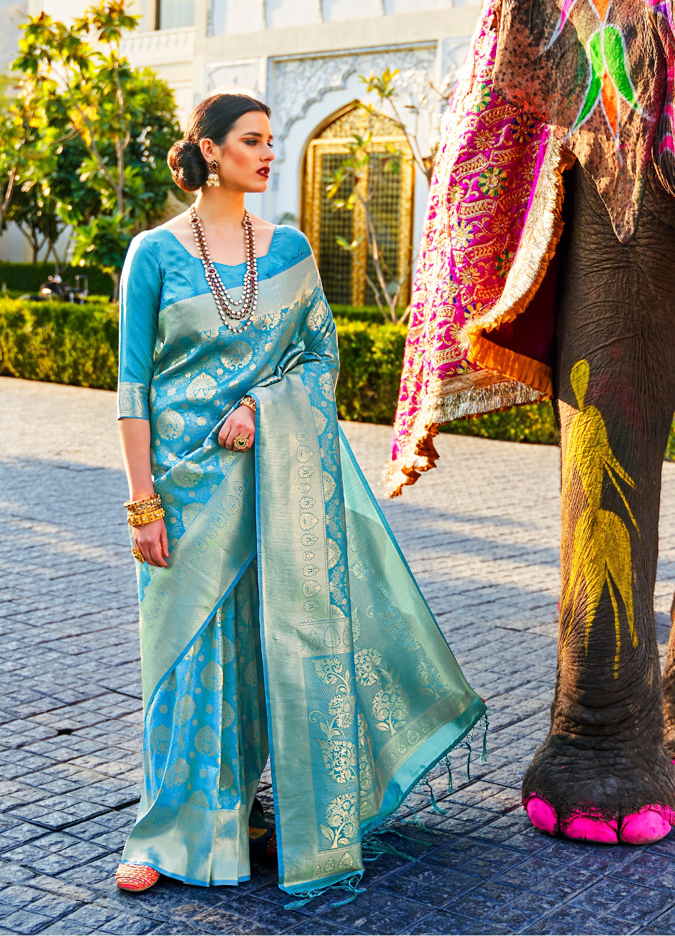 Azure Blue Woven Kanjivaram Silk Saree