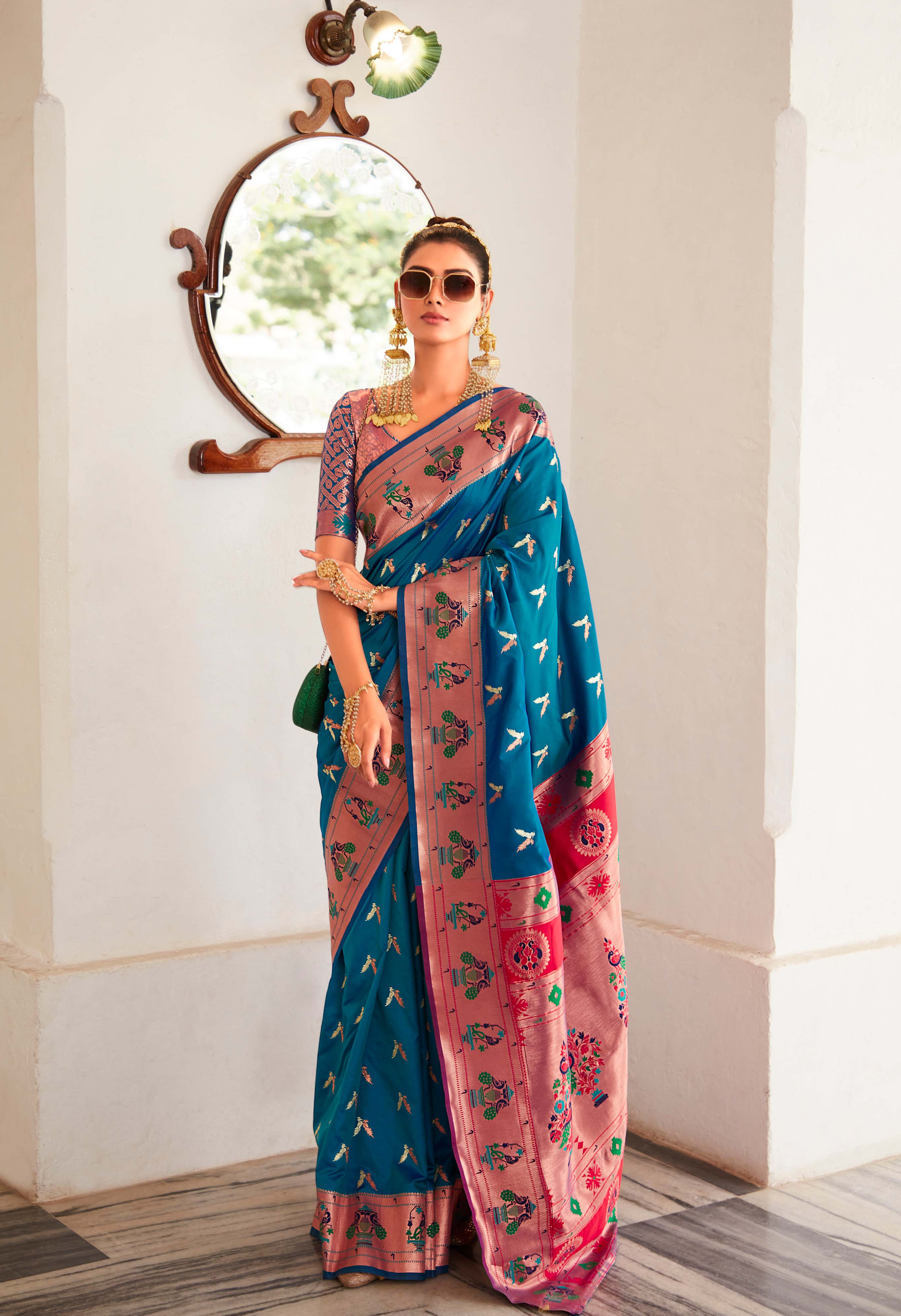 Electric Blue and Pink Zari Woven Paithani Silk Saree