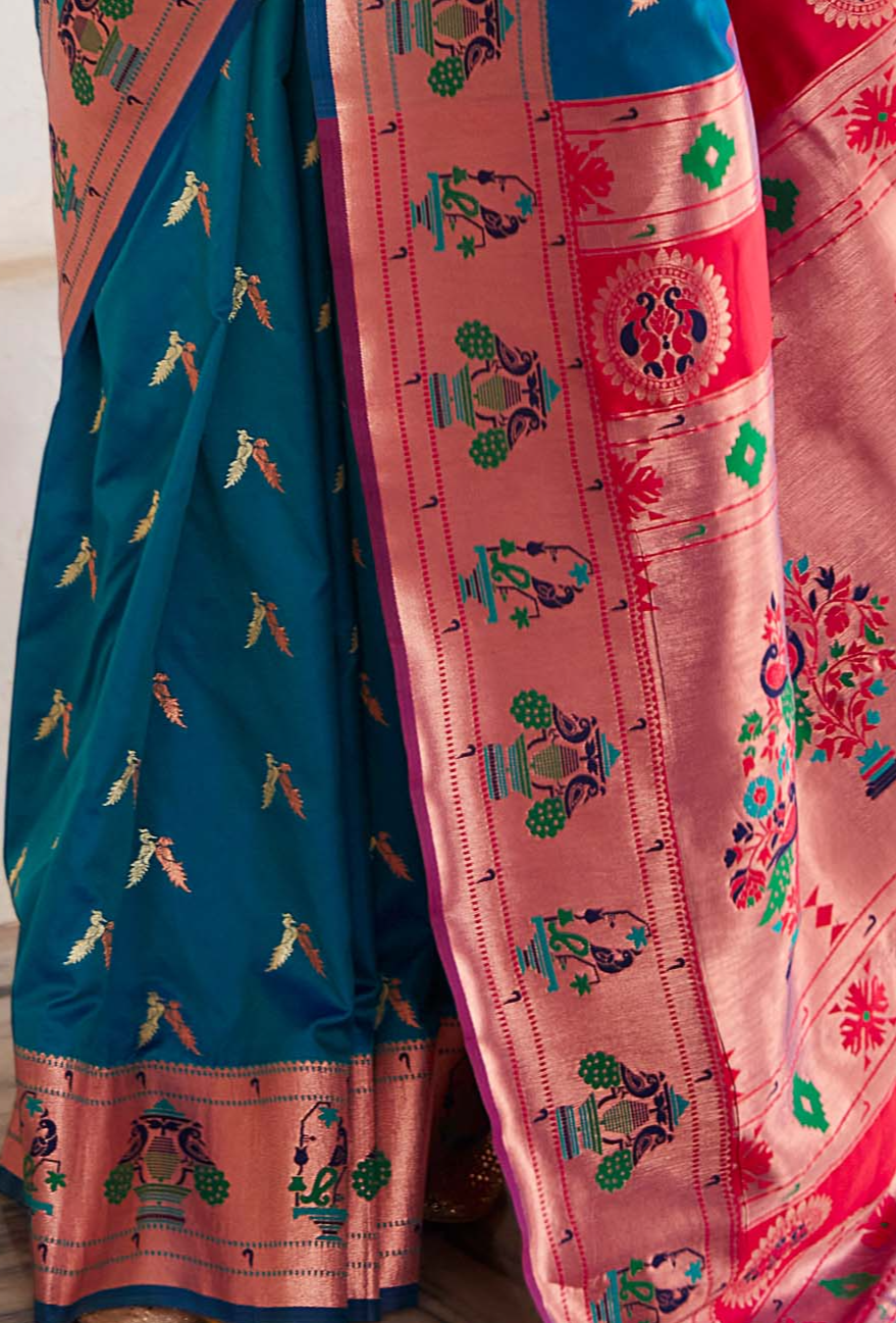 Electric Blue and Pink Zari Woven Paithani Silk Saree