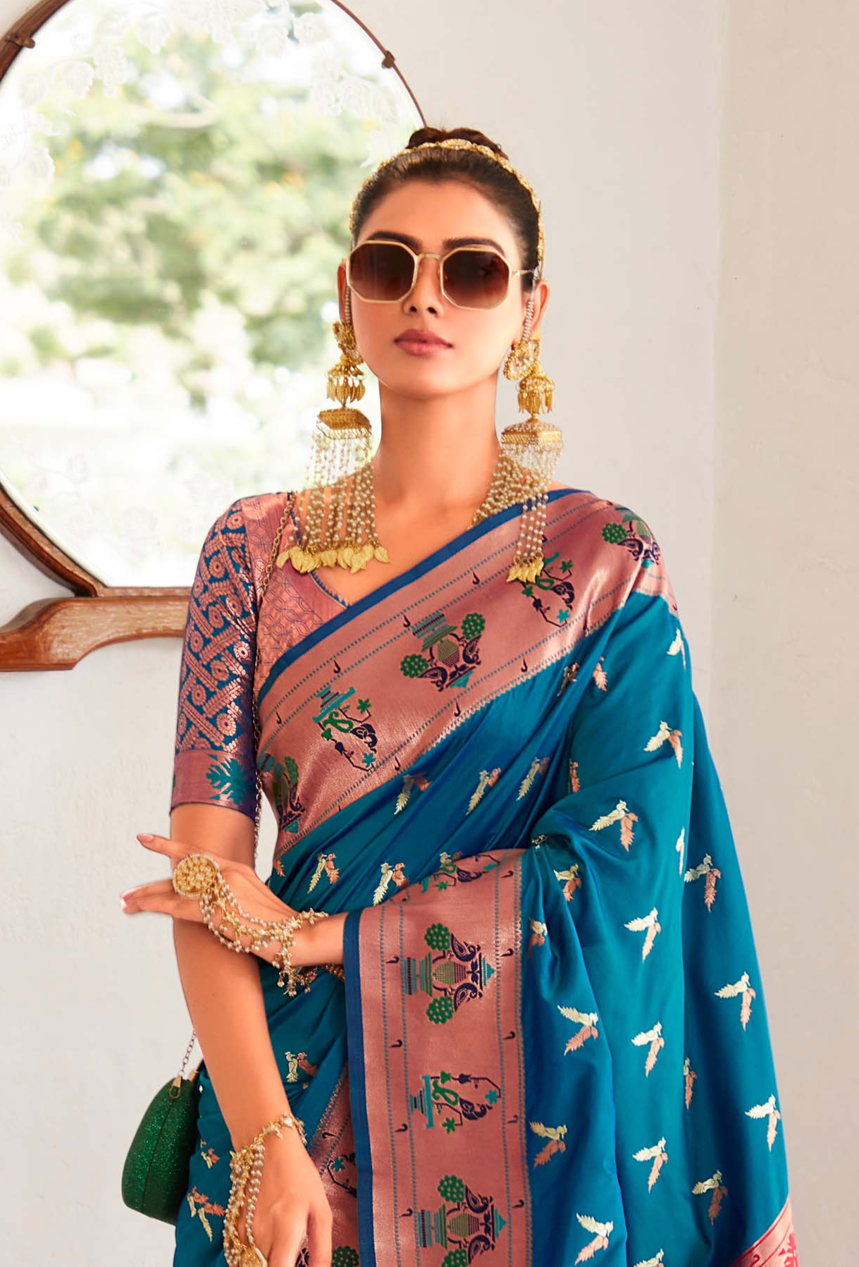 Electric Blue and Pink Zari Woven Paithani Silk Saree