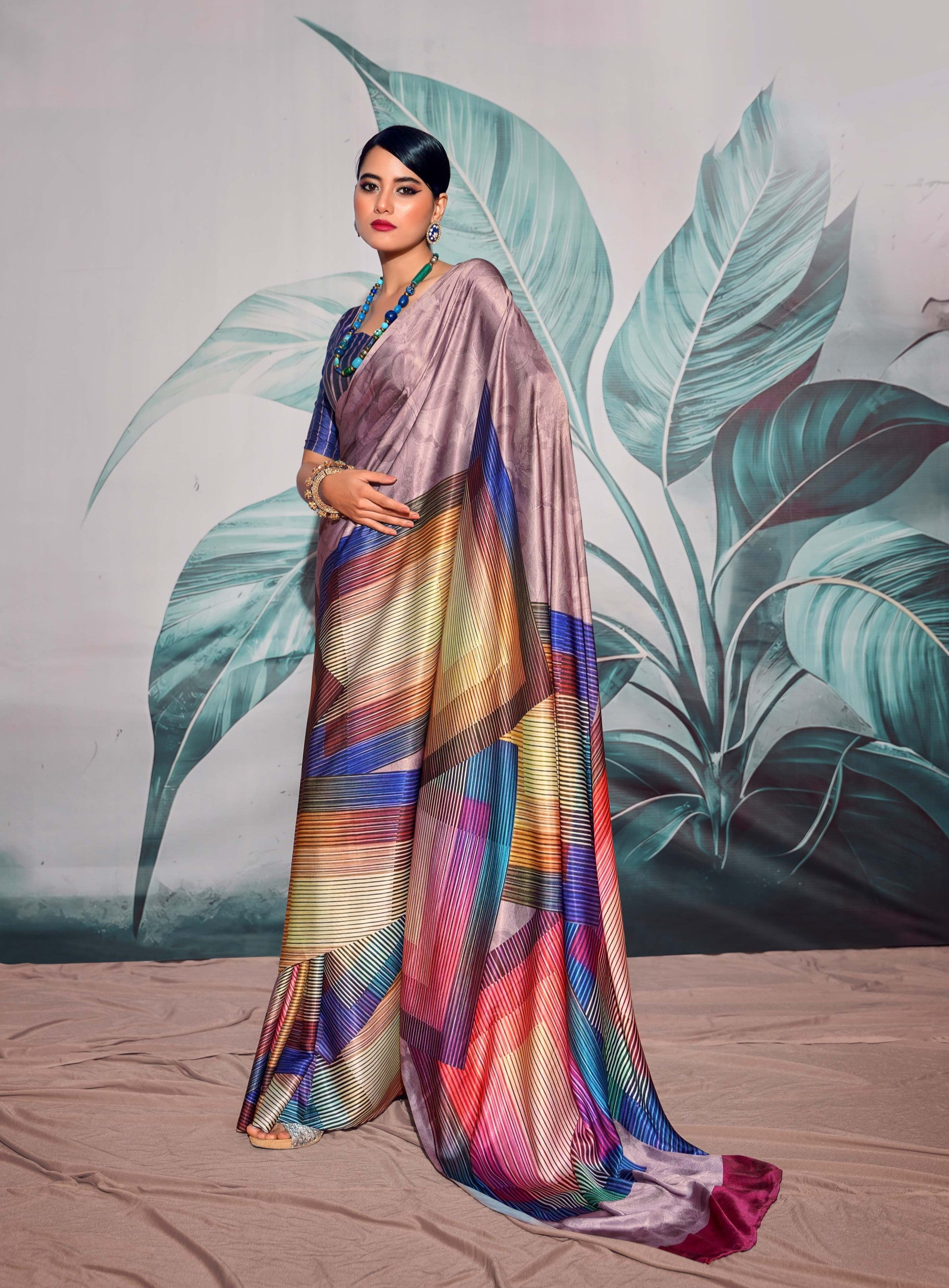 Vibrant Blossoms Multicolor Printed Satin Silk Saree