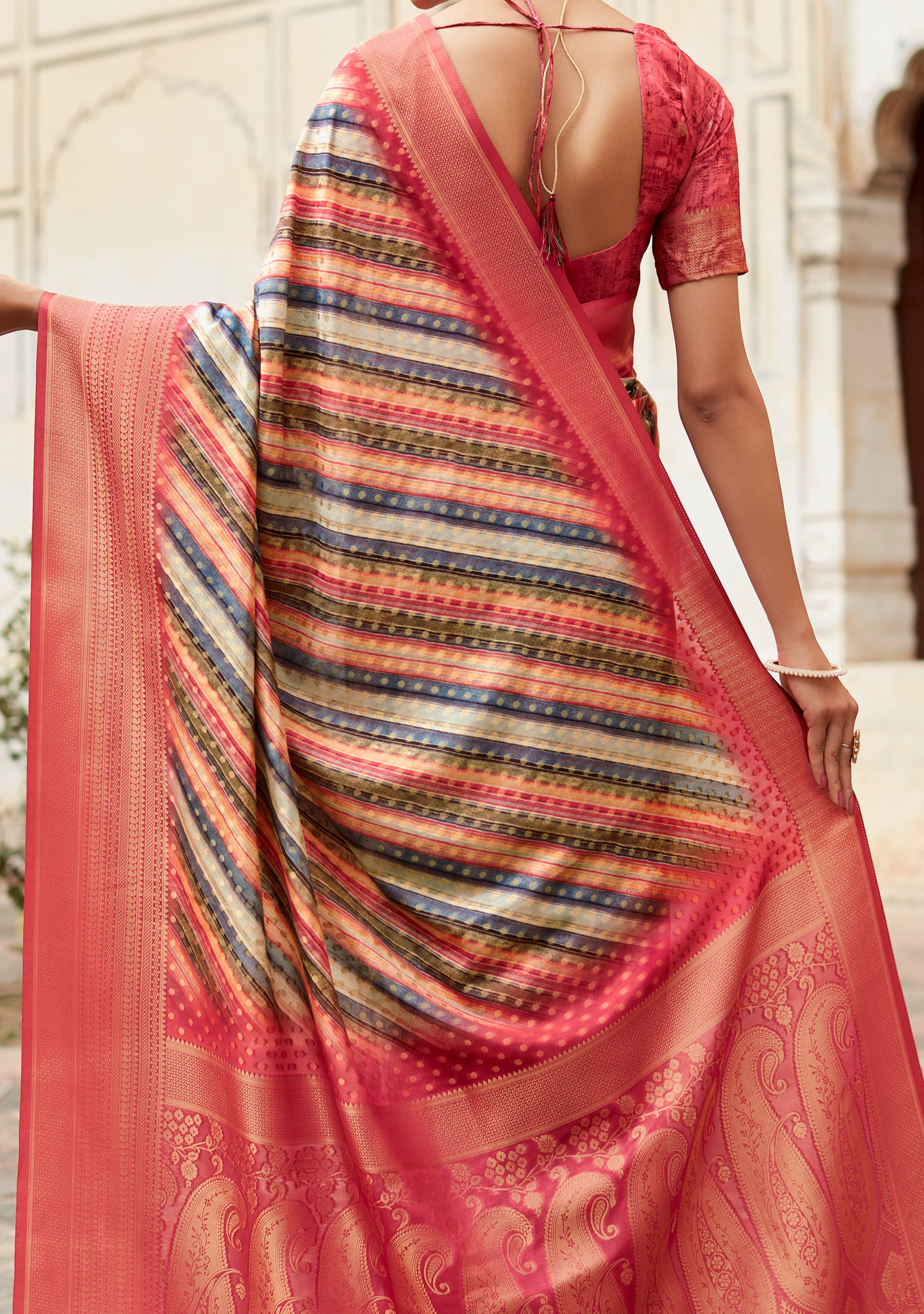 Exquisite Multicolor Pink Banarasi Digital Printed Silk Saree