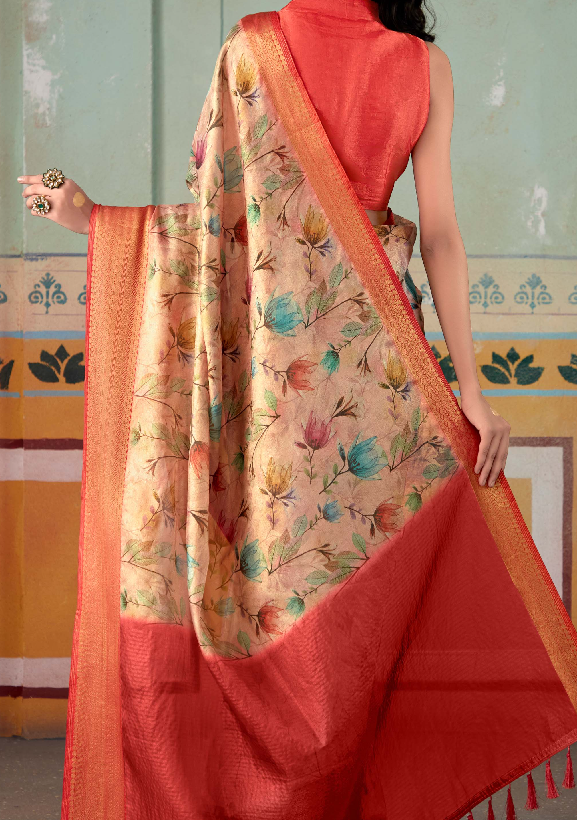 Elegant Peach Banarasi Tissue Silk Saree