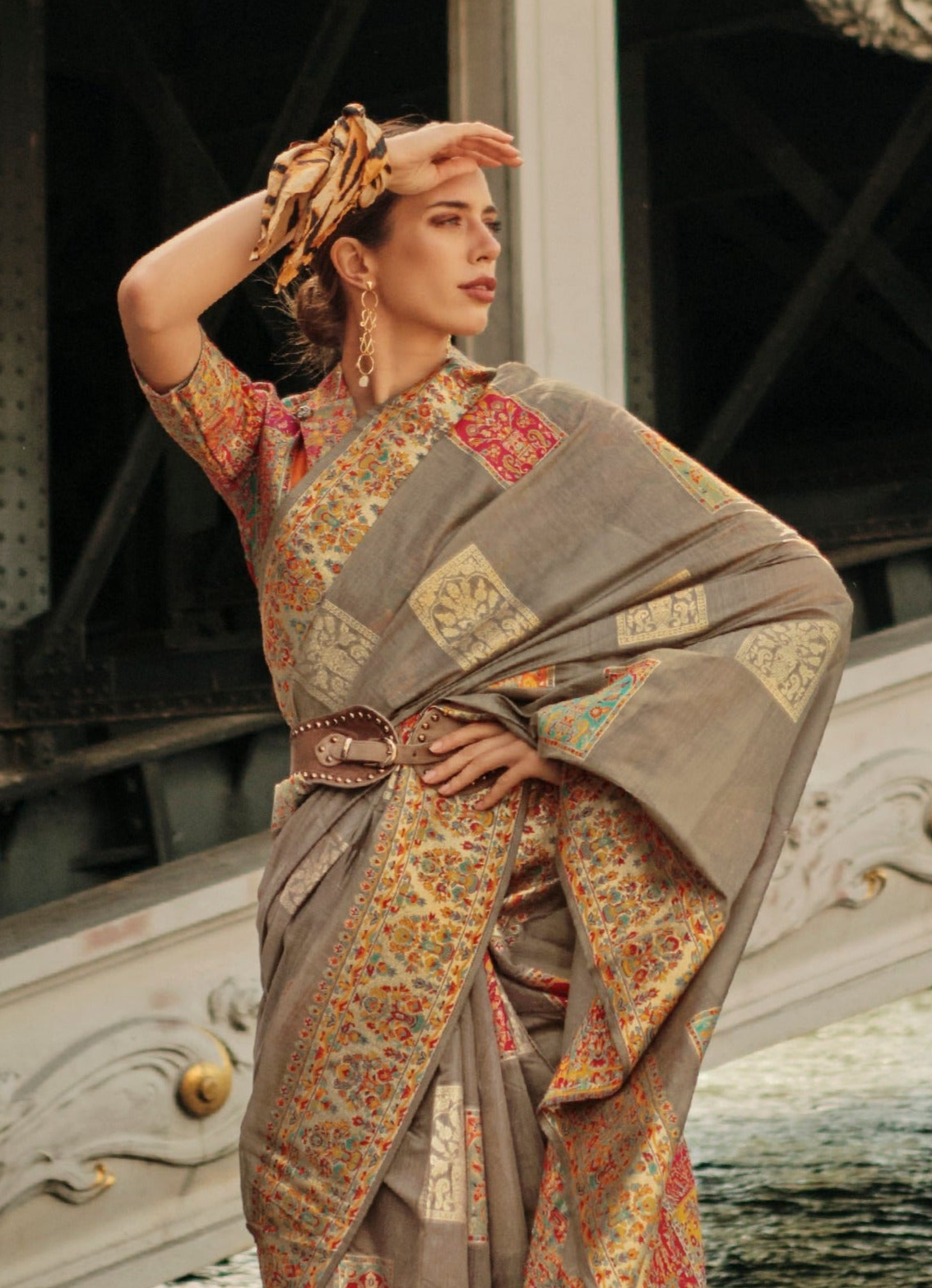 Graceful Light Brown Kashmiri Jamewar Handloom Saree