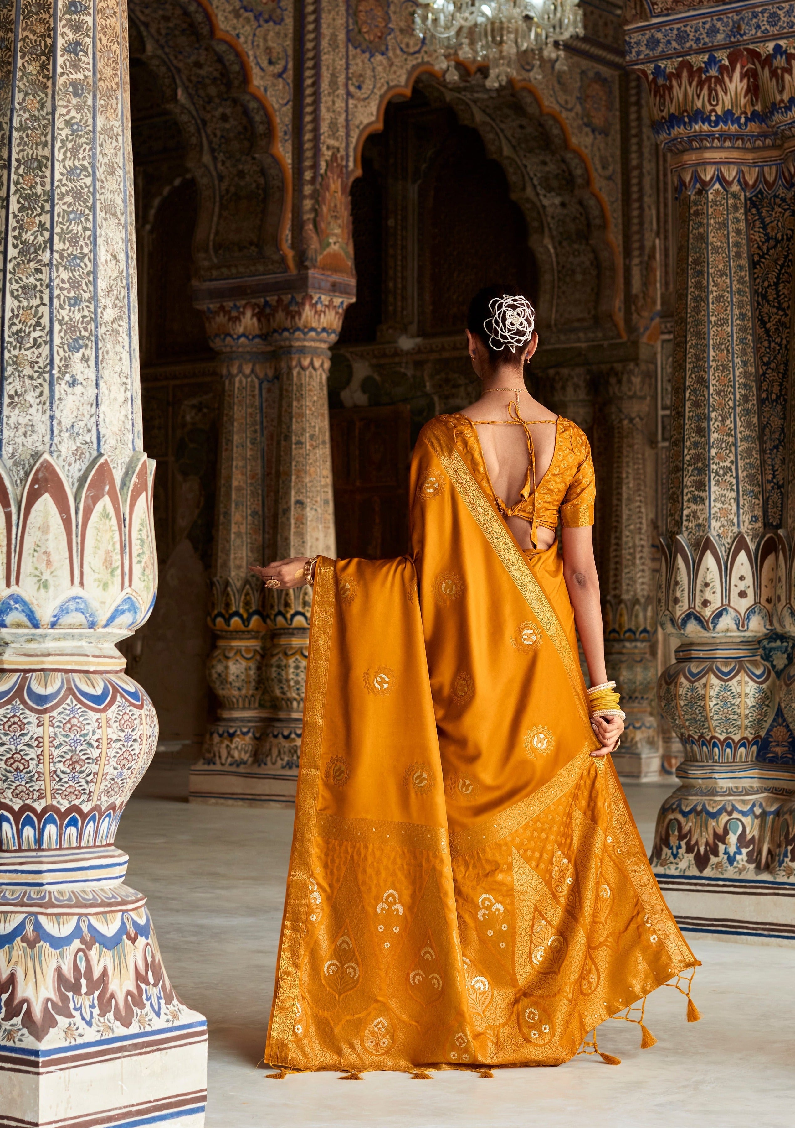 Mustard Yellow Woven Banarasi Satin Silk Saree