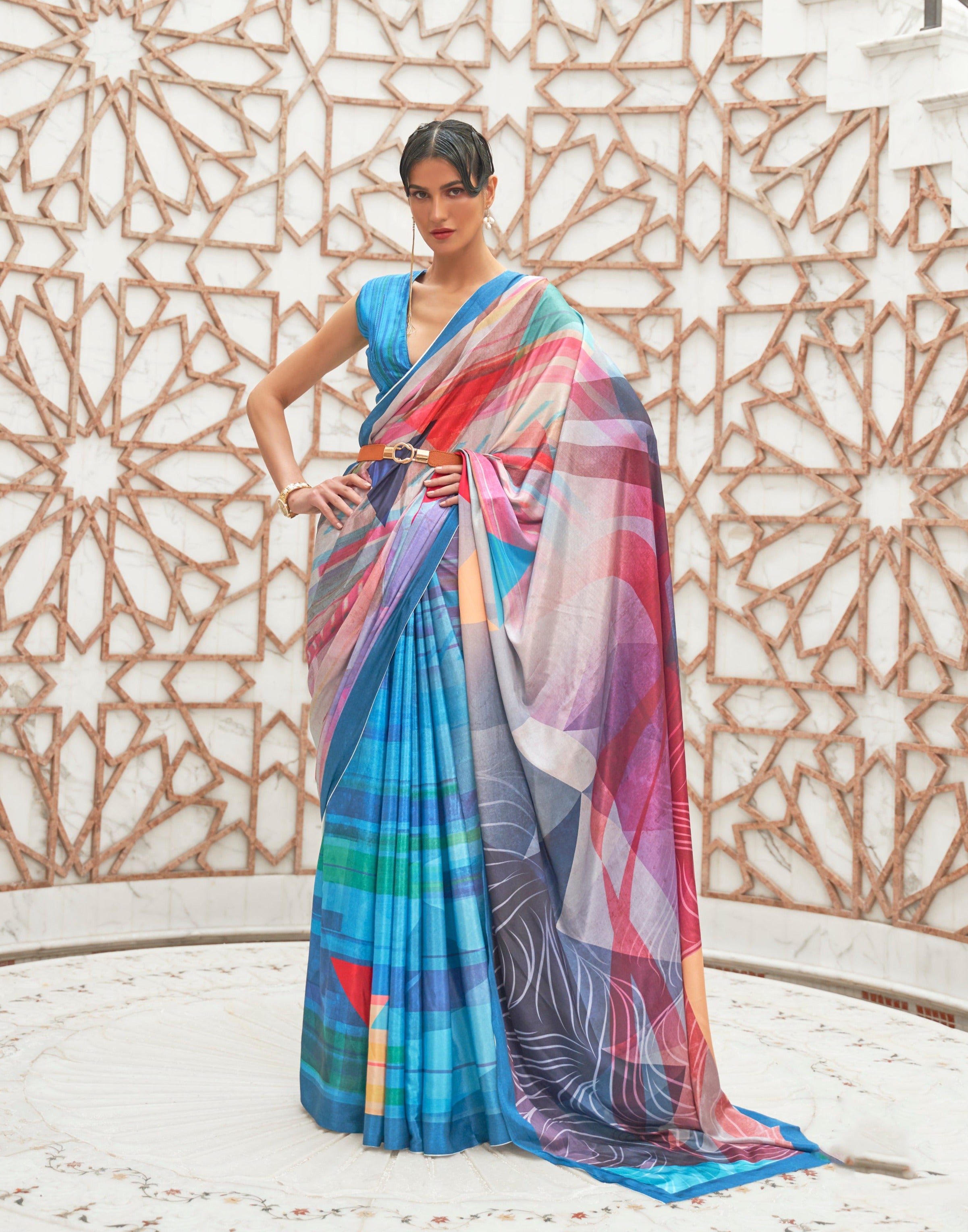 Tranquil Water Blue Kalamkari Printed Crepe Saree