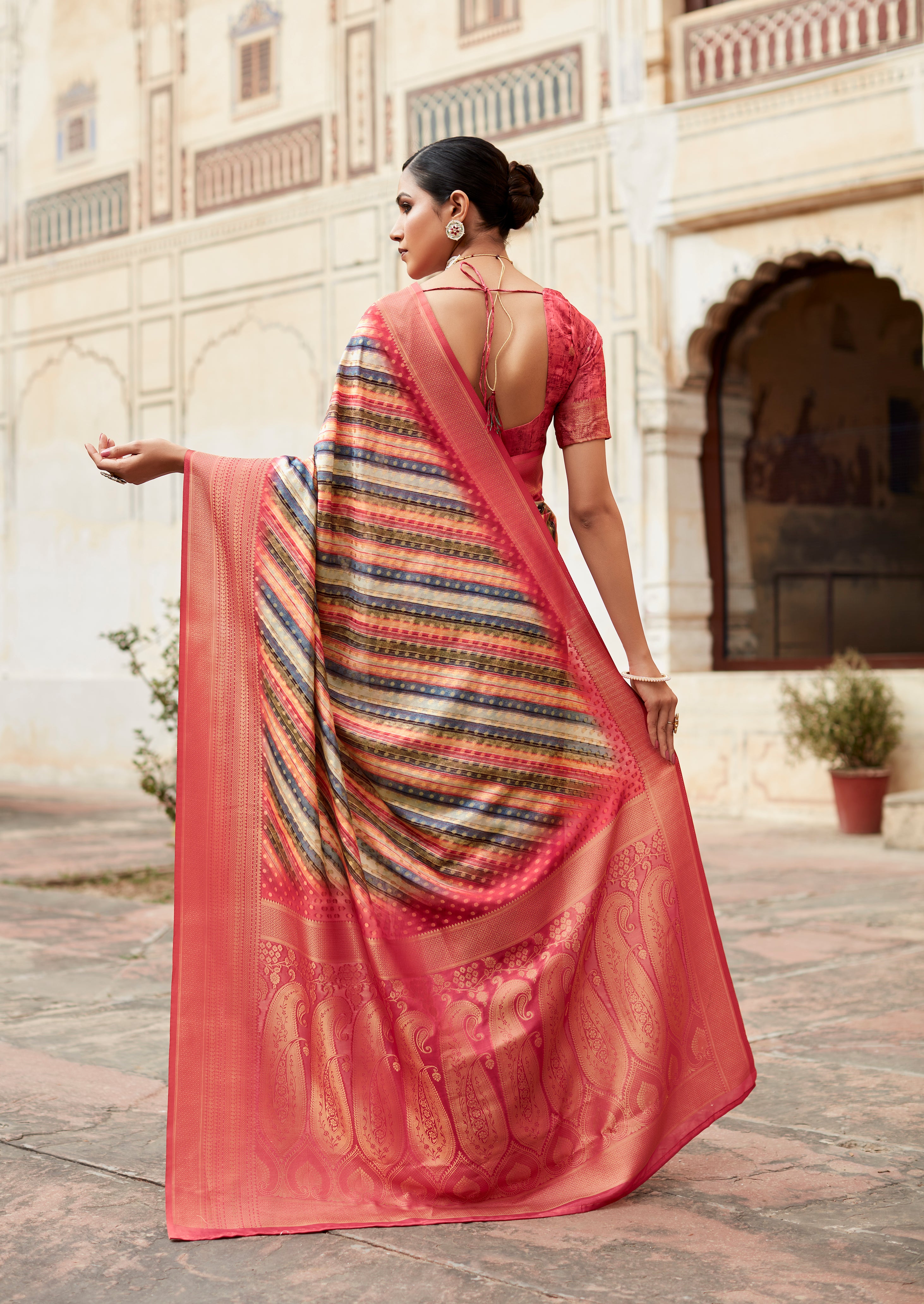 Exquisite Multicolor Pink Banarasi Digital Printed Silk Saree