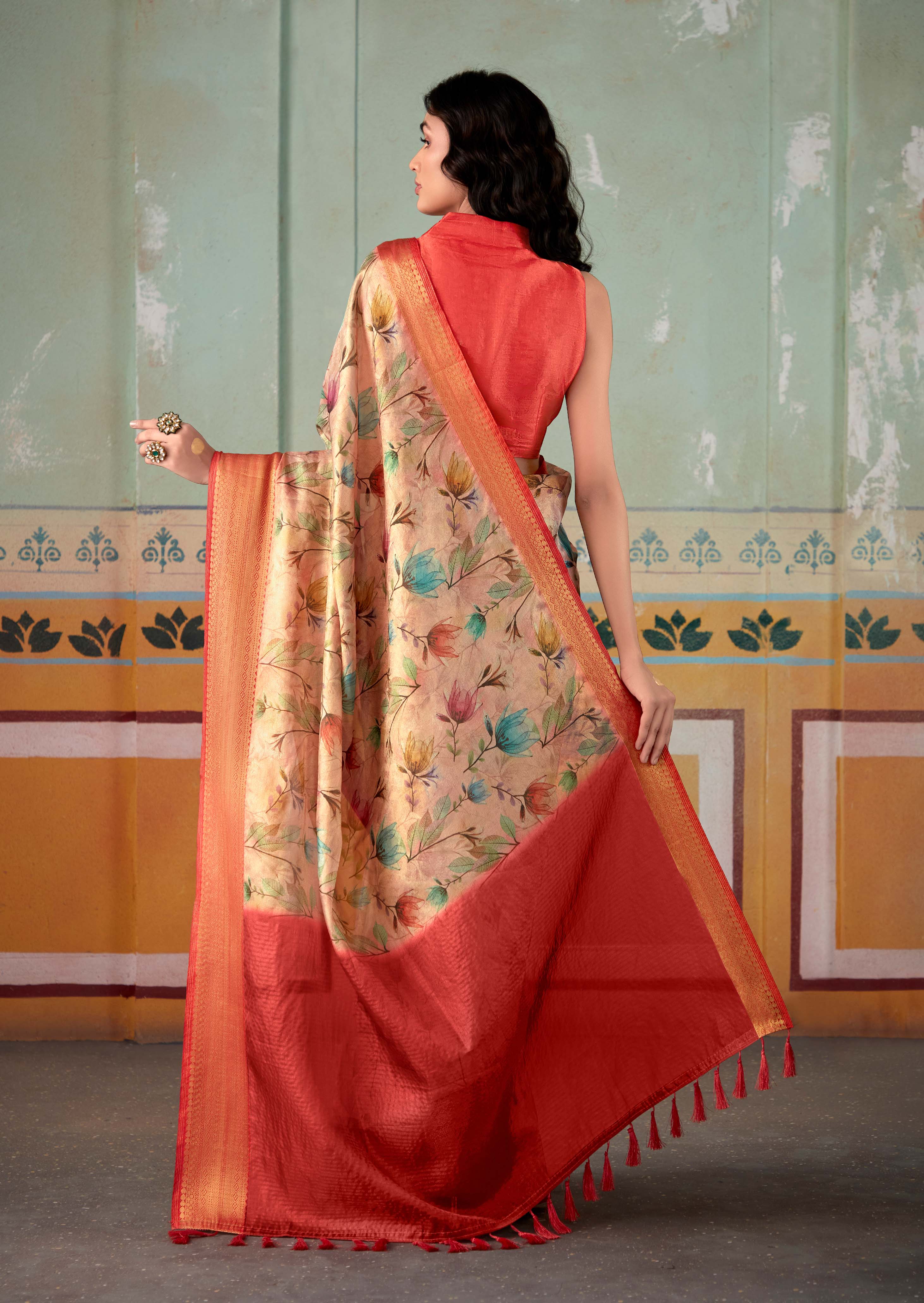 Elegant Peach Banarasi Tissue Silk Saree