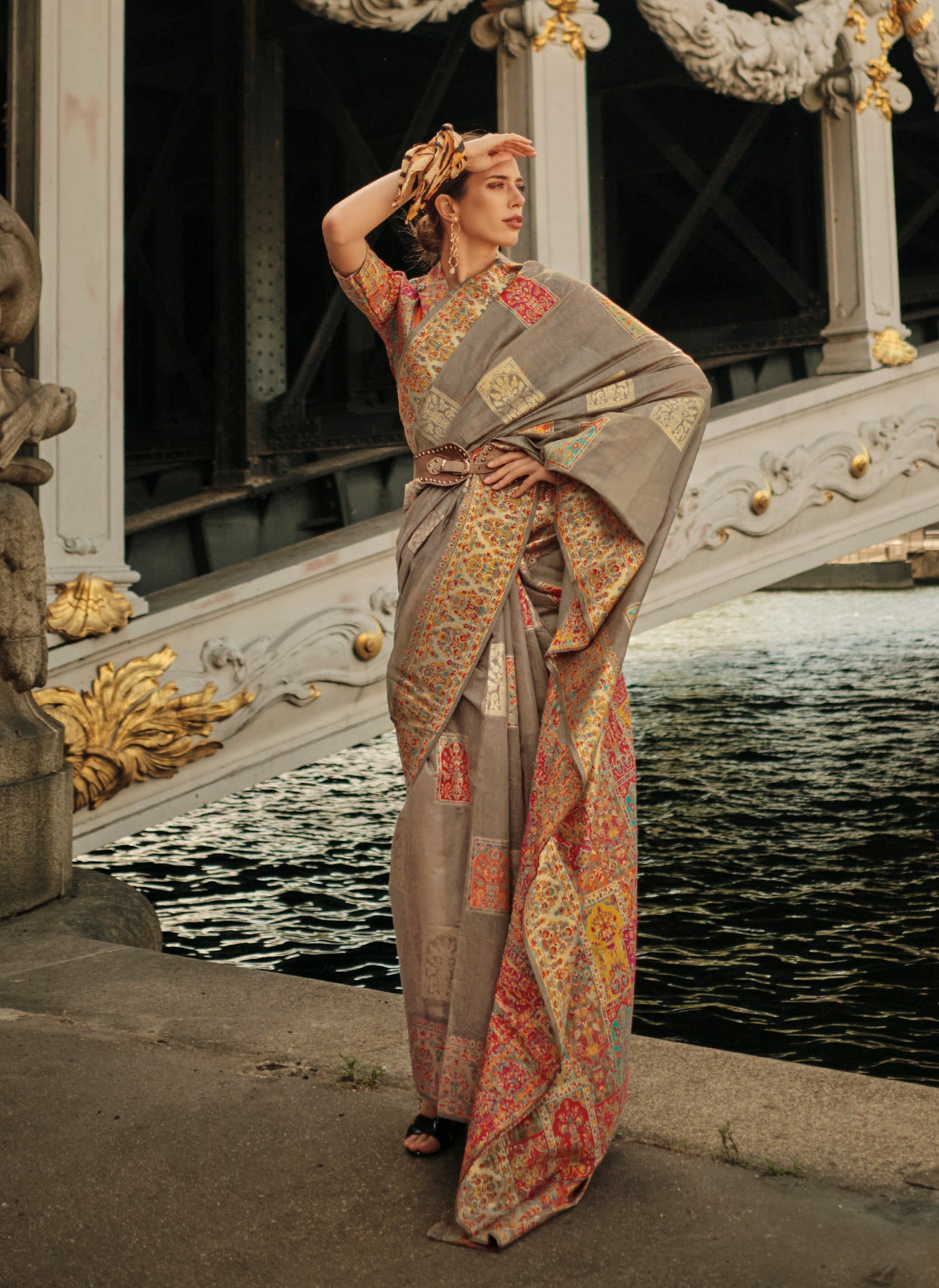 Graceful Light Brown Kashmiri Jamewar Handloom Saree