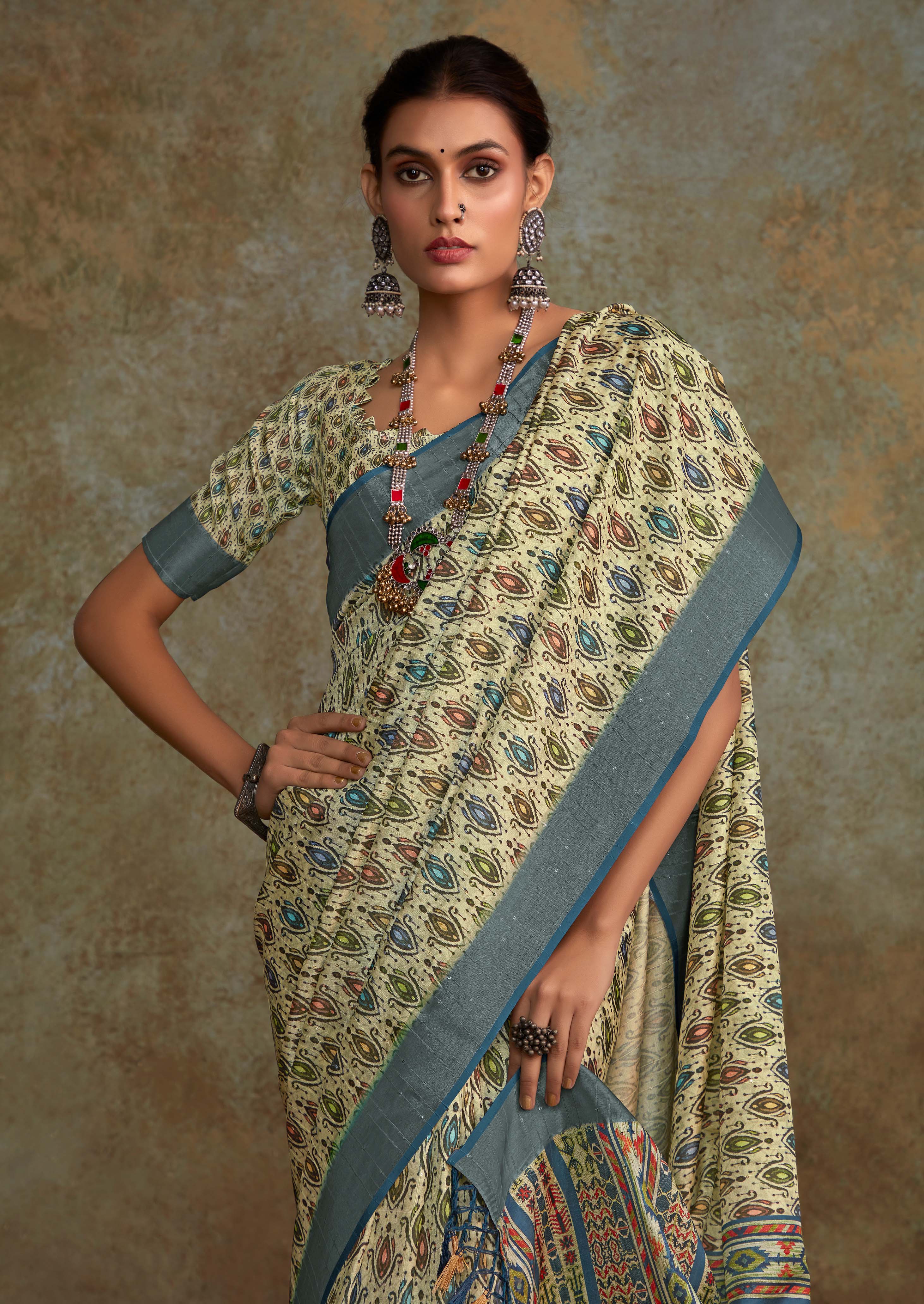 Elegant Off Green Banarasi Digital Printed Saree