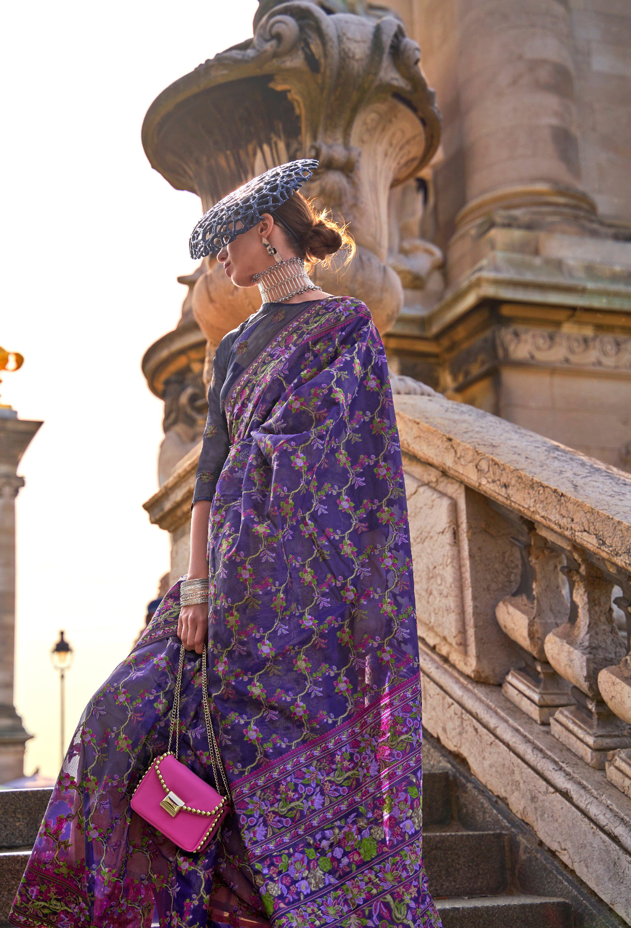 Stylish Purple Organza Handloom Parsi Saree