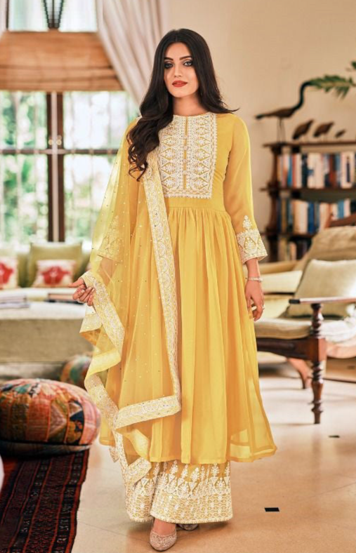 Yellow Georgette Embroidered Readymade Salwar Kameez