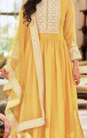 Yellow Georgette Embroidered Readymade Salwar Kameez