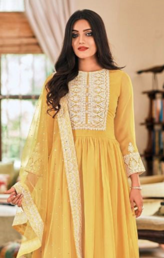 Yellow Georgette Embroidered Readymade Salwar Kameez